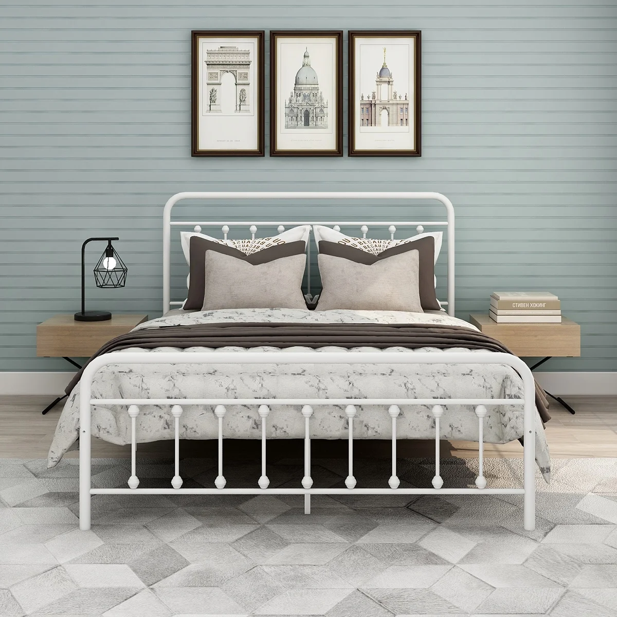 Metal Queen Bed Frame White Color,No Box Spring,Easy Assembly