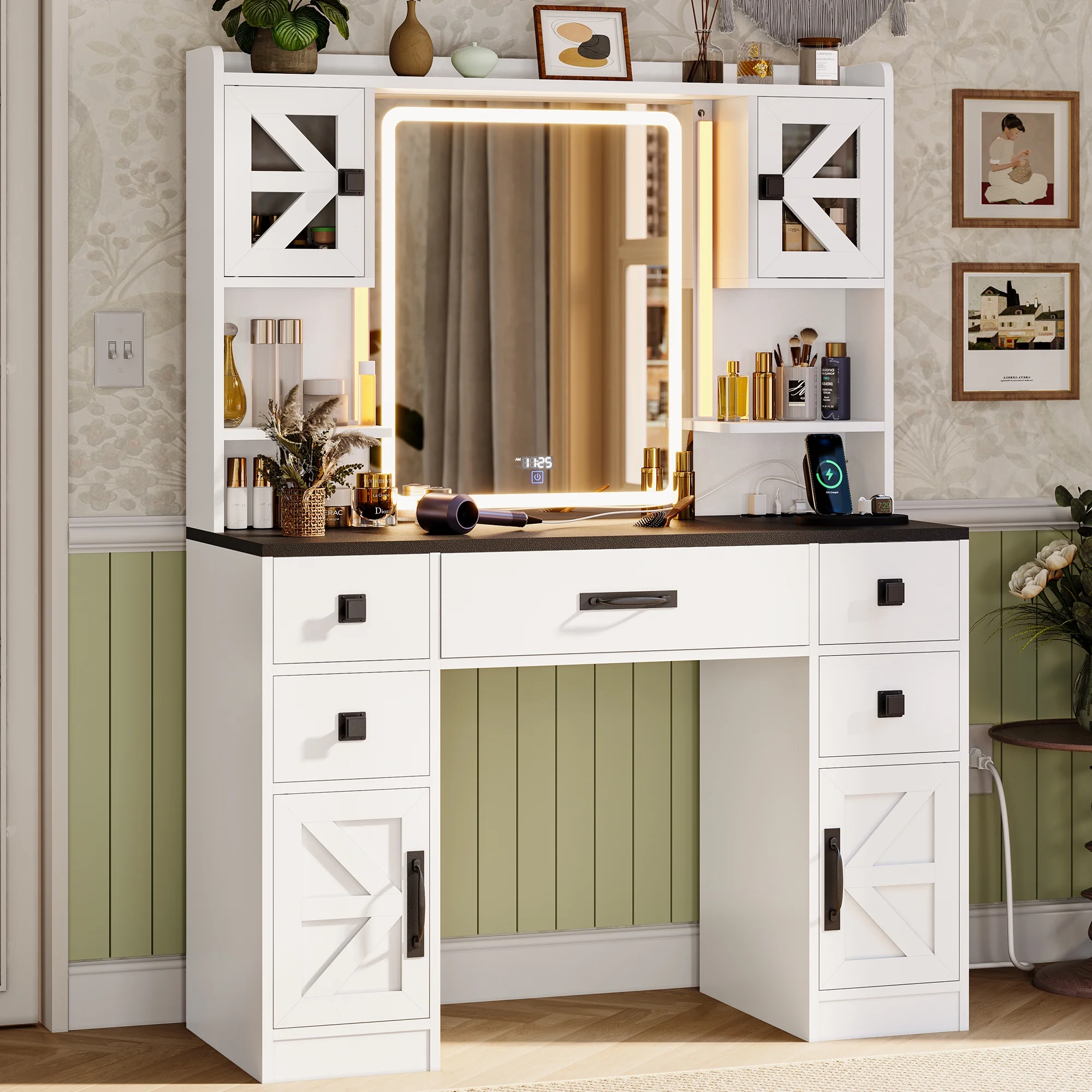 Afuhokles Large Vanity Desk with Lighted Mirror, 5 Drawers Makeup Vanity with Charging Station and Smart Mirror, White