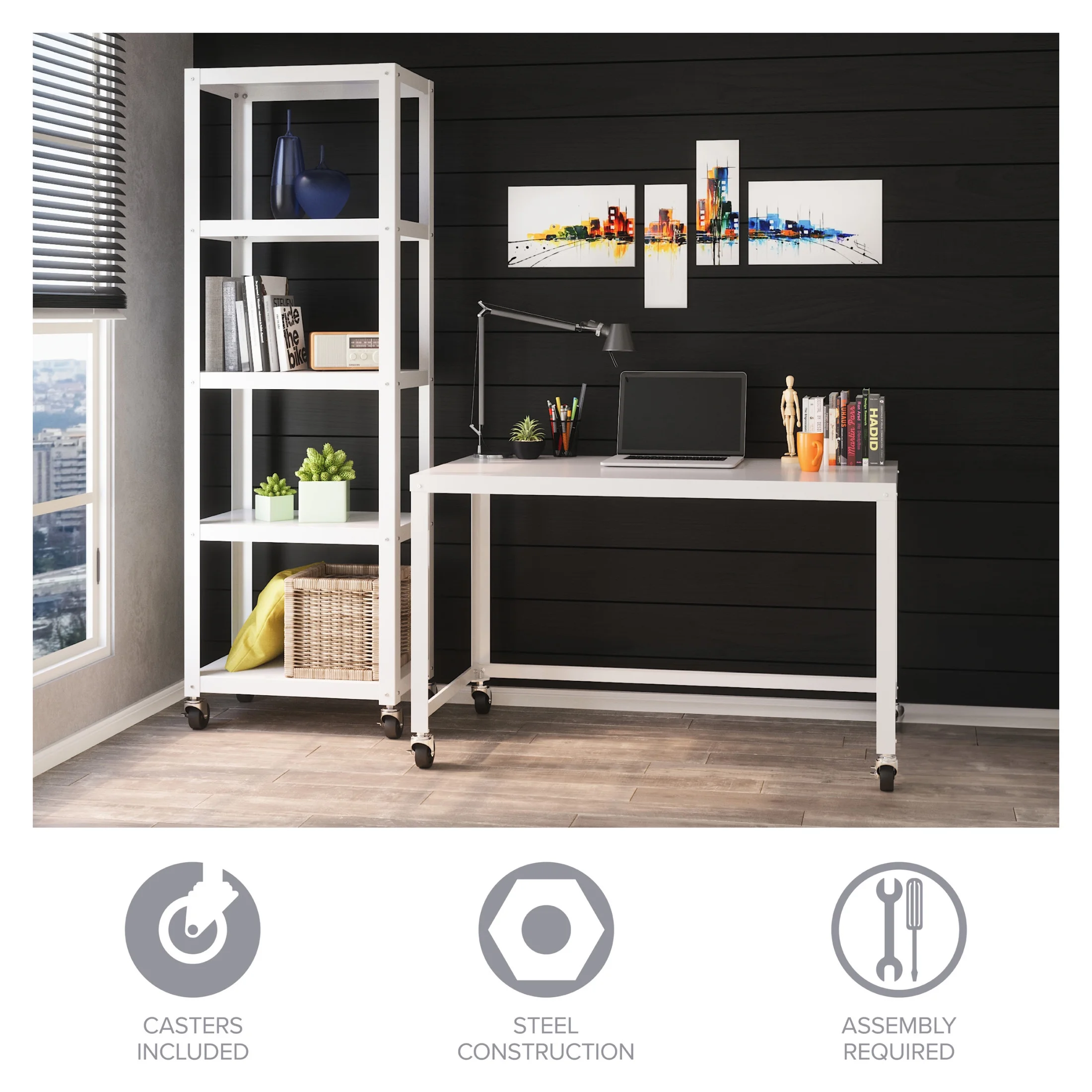 Space Solutions Ready-to-Assemble 48-inch Wide Mobile Metal Desk for Home Office, Navy