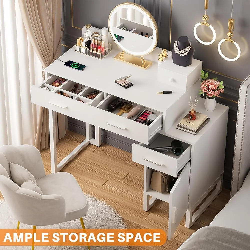 Vanity Desk With 4 Drawers and Cabinet, Makeup Vanity Table With Charge Station Socket, Small Space Makeup Bedside Cupboard, Gift for Her Choice, Suit for Apartment/Dorm/Bedroom, Cute Pink