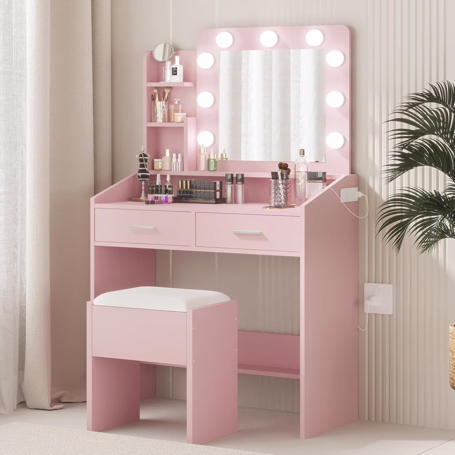 OYang Makeup Vanity with Lights, Vanity Desk with Mirror and Lights Set, Large Drawer and Two-Tier Lots Storage Cabinet, 3 Lighting Modes Adjustable Brightness