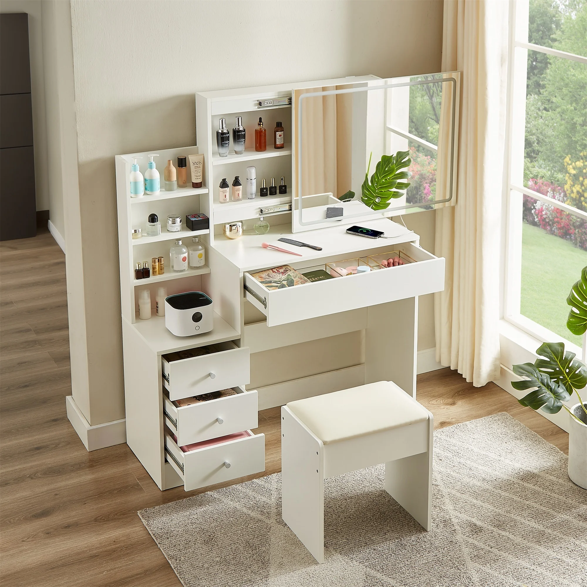 Alvantor Makeup Vanity Desk with Mirror & Lights, Dressing Table with Power Outlet and Hairdryer Shelving Vanity Set with Upholstered Stool White