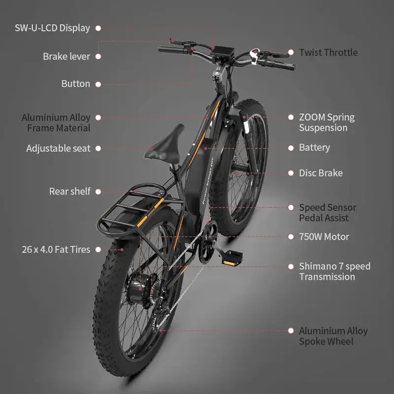 26-Inch Adult Fat-Tire Electric Mountain Bike – 48V/13Ah/750W Motor. 7-Speed Drivetrain. Black S48 Frame