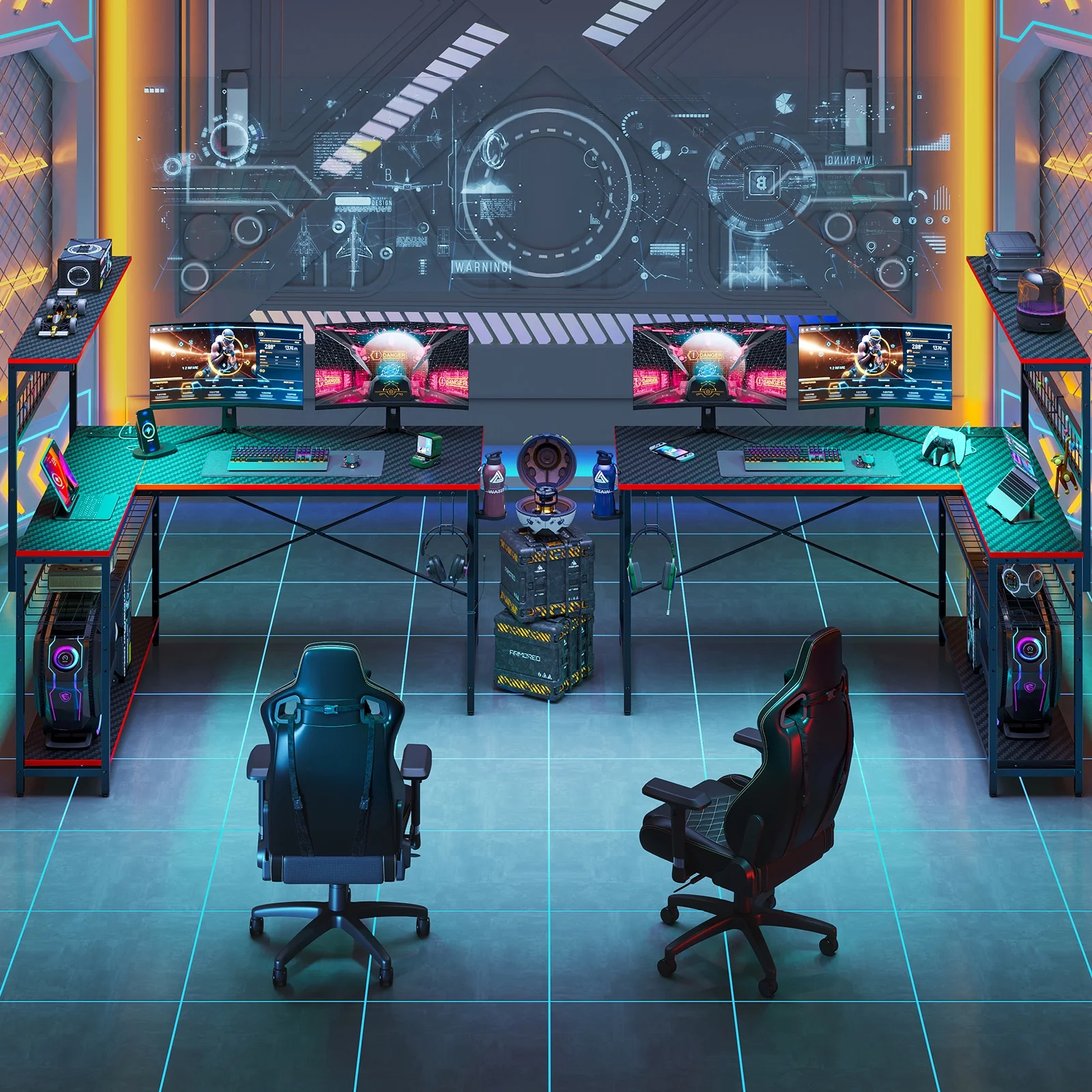 Bestier 51 L Shaped Gaming Desk with Power Outlets & LED Light, Computer Desk with 4 Tiers Shelves for Home Office, Reversible Gamer Table with Hooks and Cup Holder, Carbon Fiber