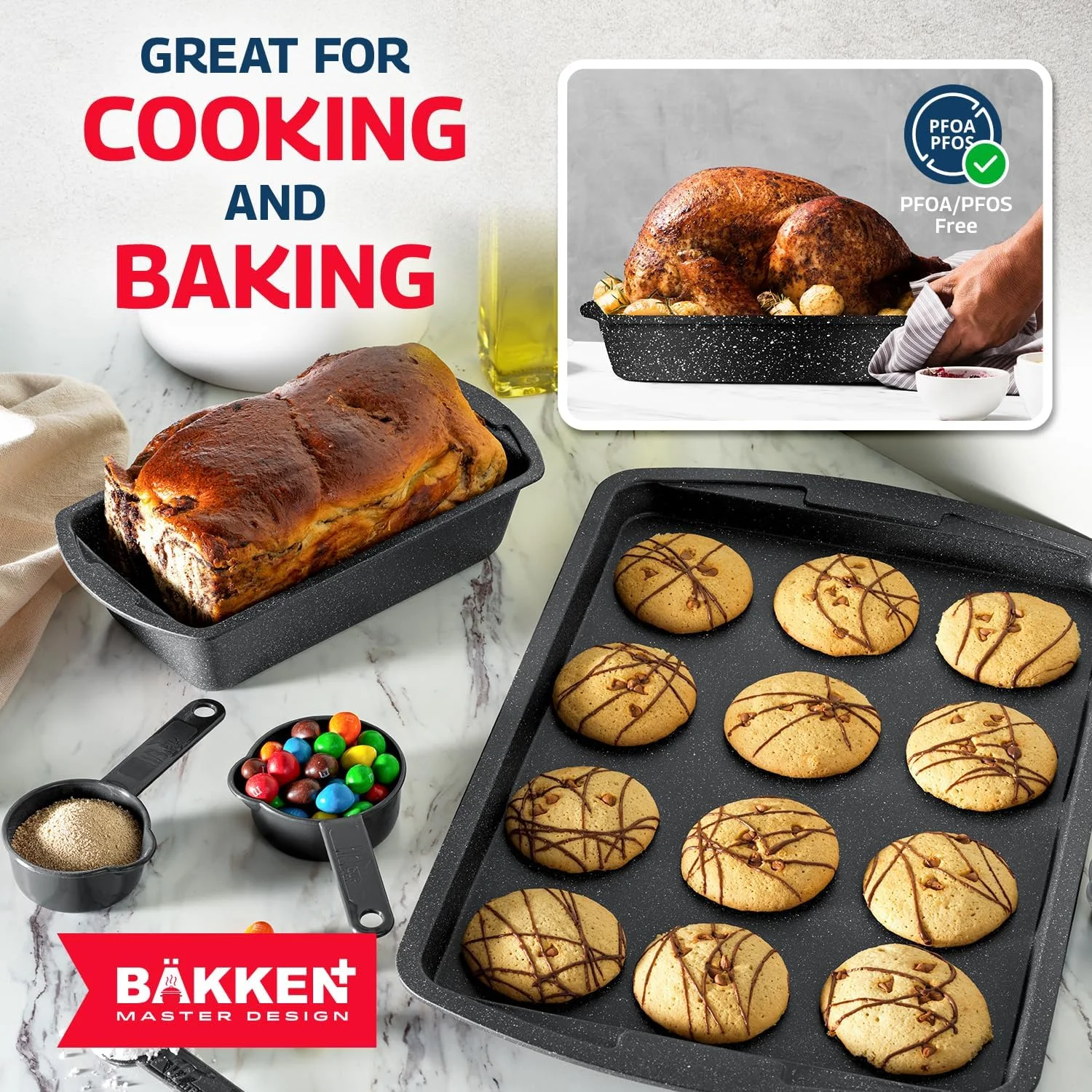 Bakken Master 38 Piece Granite Cookware and Bakeware Set �C Nonstick Granite Coating, Pots and Pans with Detachable Handles and Tempered Glass Lids, 6-piece Bakeware set, 12-piece Mixing Bowls,Brown