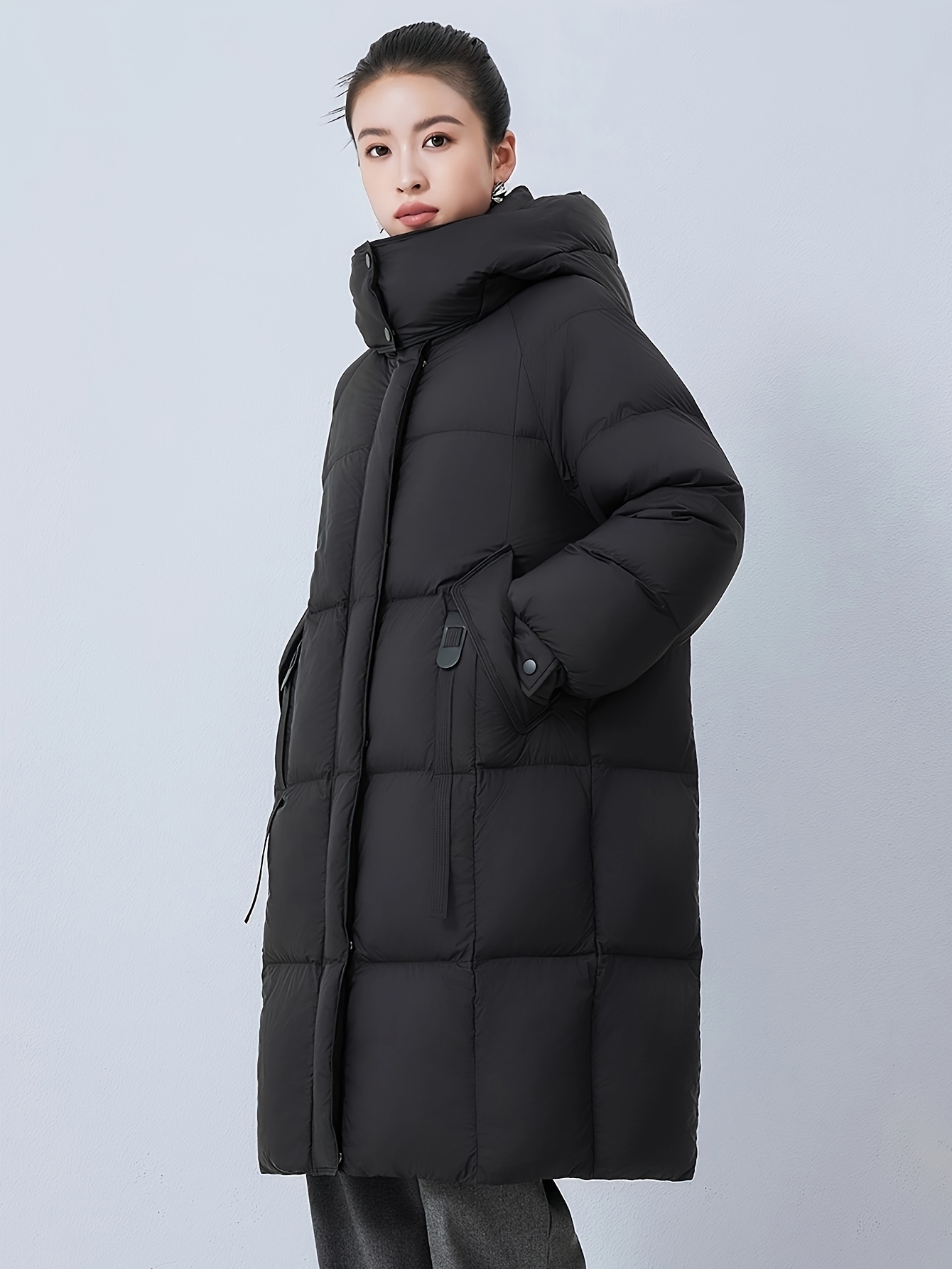 Women’s Mid-Length Winter Down Coat with Detachable Hood, Casual Solid Color Long Sleeve Polyester Down Jacket