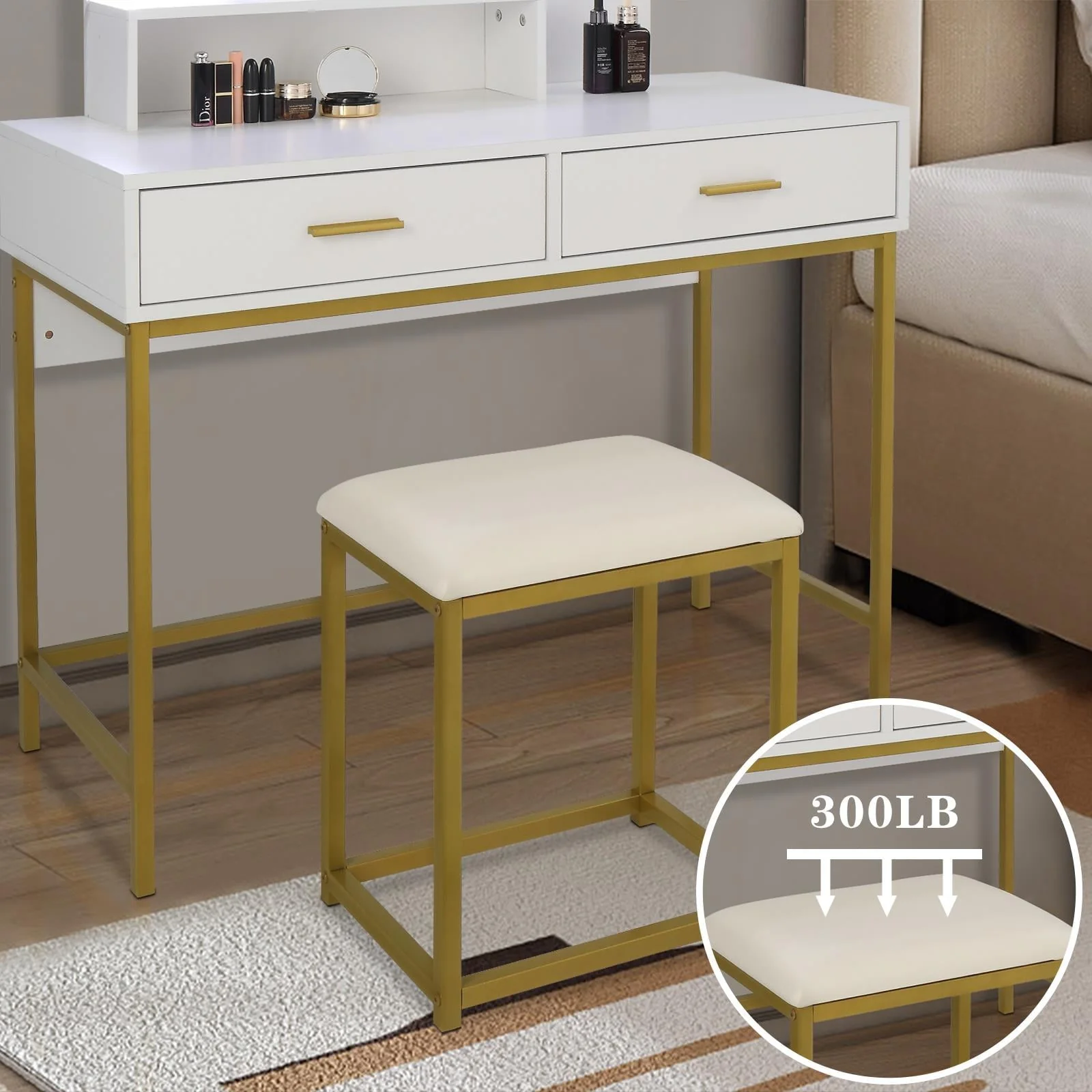 Ktaxon Vanity Table Set with 3 Color Lighted Mirror & Stool, Makeup Vanity Dressing Table, 2 Drawers and Storage Shelves for Bedroom, Gold Vanity Desk for Women Girls (White)