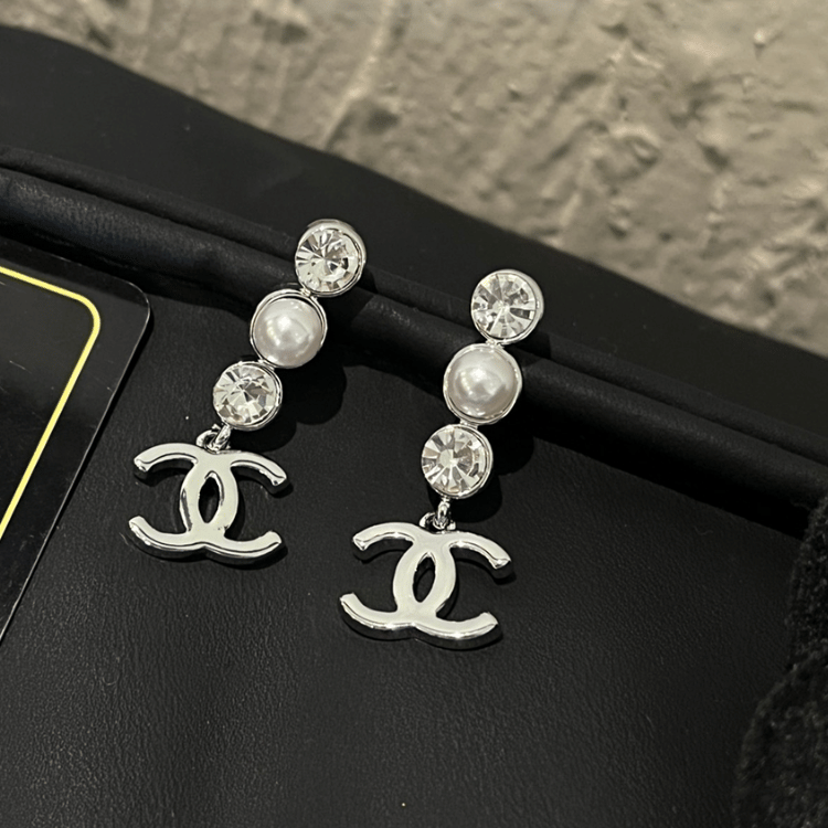 Chanel Cc Logo Drop Earrings With Pearls And Rhinestones Silver-Tone