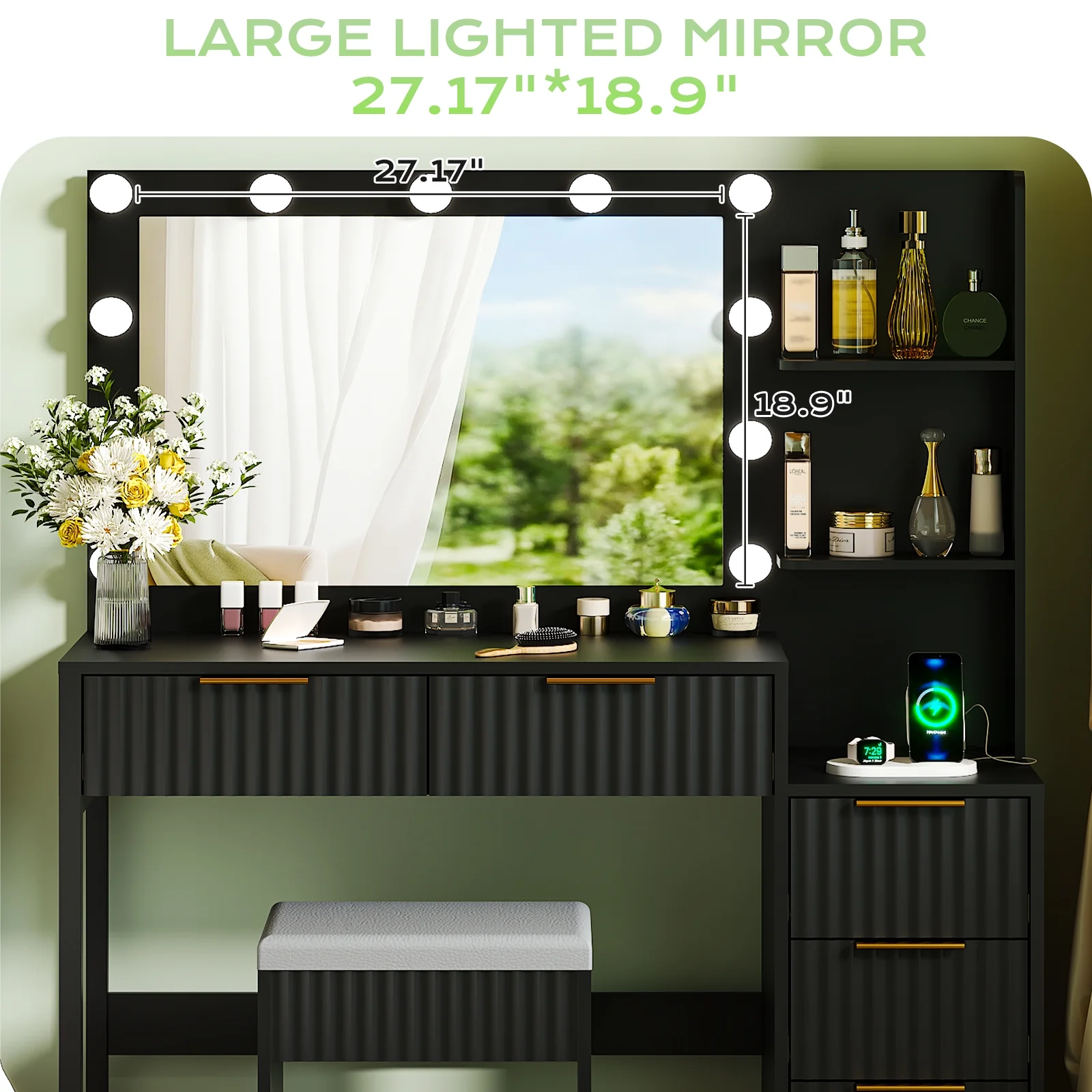 Ktaxon Flutted Makeup Vanity Table Set with 5 Drawer, Dressing Table w/Charging Station, Vanity Desk for Femal Gift, White