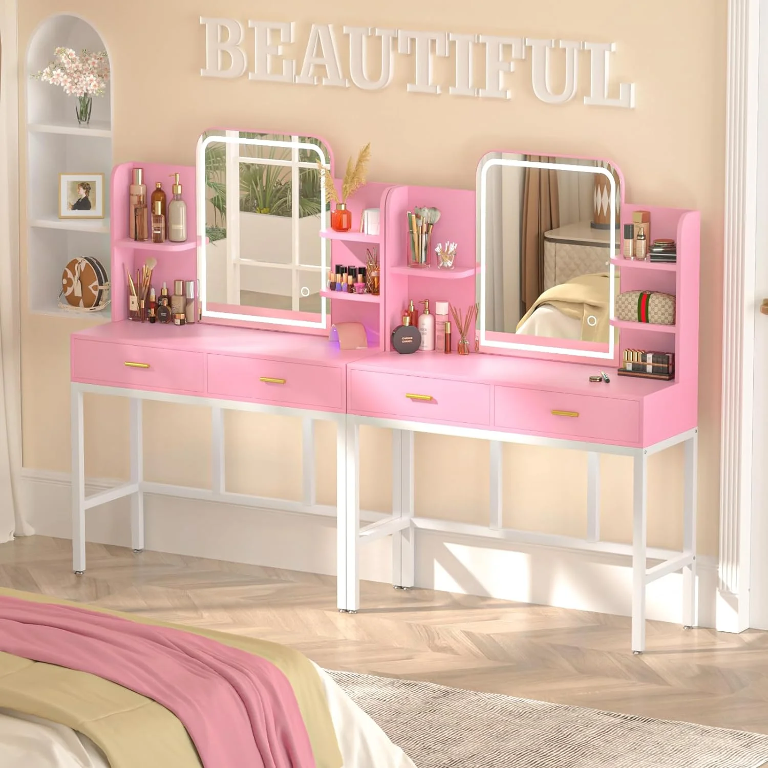 iSunirm Vanity Desk with Mirror and Lights, Makeup Vanity with 2 Drawers, Vanity Table Set with 3 Color Adjustable Lighting Options, Modern Dressing Table with Shelf, for Bedroom, Pink