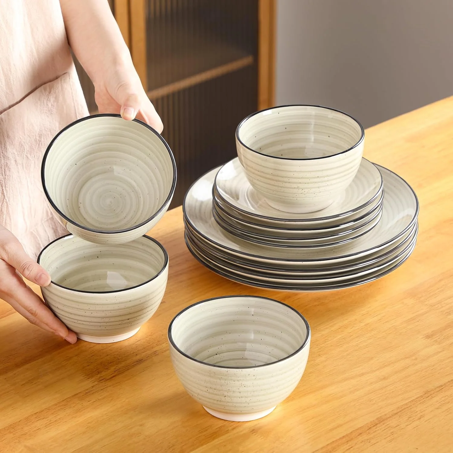 Dinnerware Sets 12 Pieces Bonbon Beige Dinner Set, Plates and Bowls Sets with Dinner Plates Bowls Handpainted Spirals Pattern Dish Sets, Service for 4