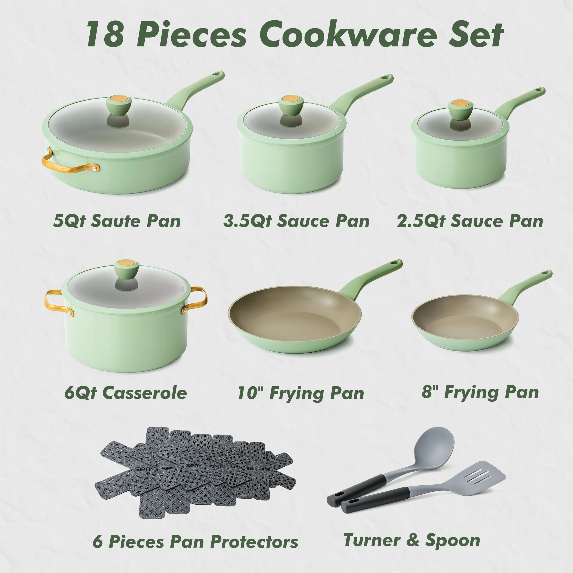 SENSARTE Nonstick Pots and Pans Set, 18Pcs Non Stick Cookware Sets, Induction Kitchen Cookware Sets Green