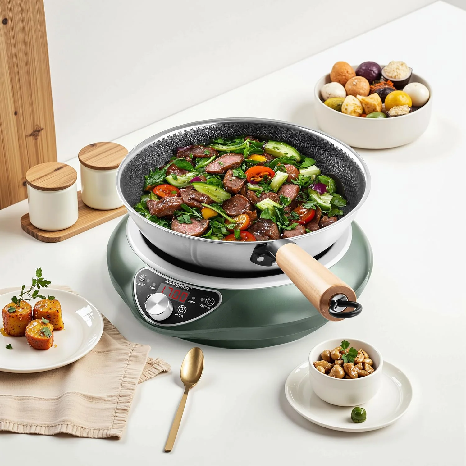 Induction Cooktop 1700W 85V~120V Wok Pan (included) Portable Electric Stove 18 Hours Timer 16 Level Temp&Power Ctrl Cookware Appliances Skillet Plates
