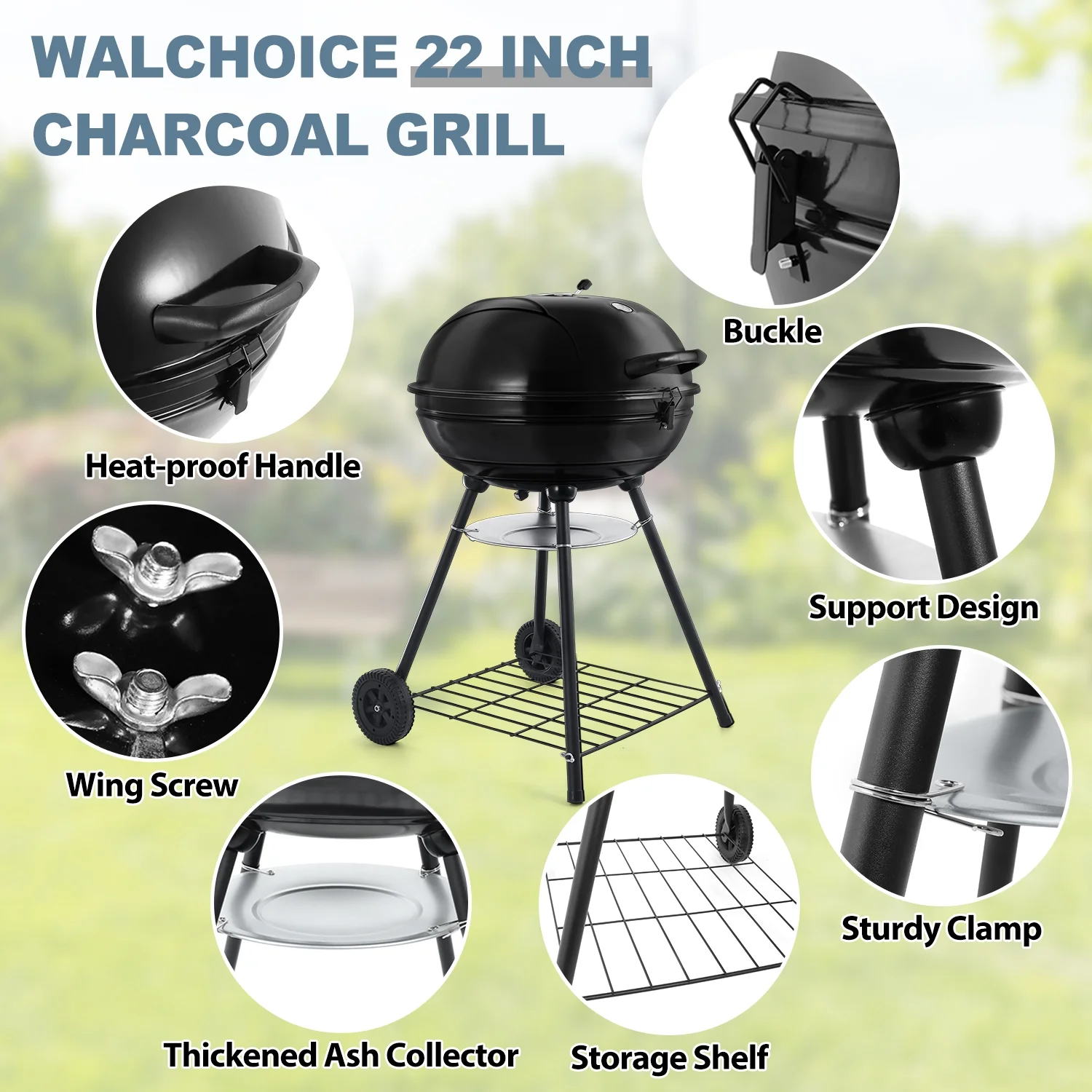 Walchoice 22 inch Charcoal Grill with Wheels & Temperature Gauge, 2 Layer Grilling Racks Heavy Duty Barbecue Grill for Backyard Camping BBQ Cooking, Black Enamel Lid & Bowl