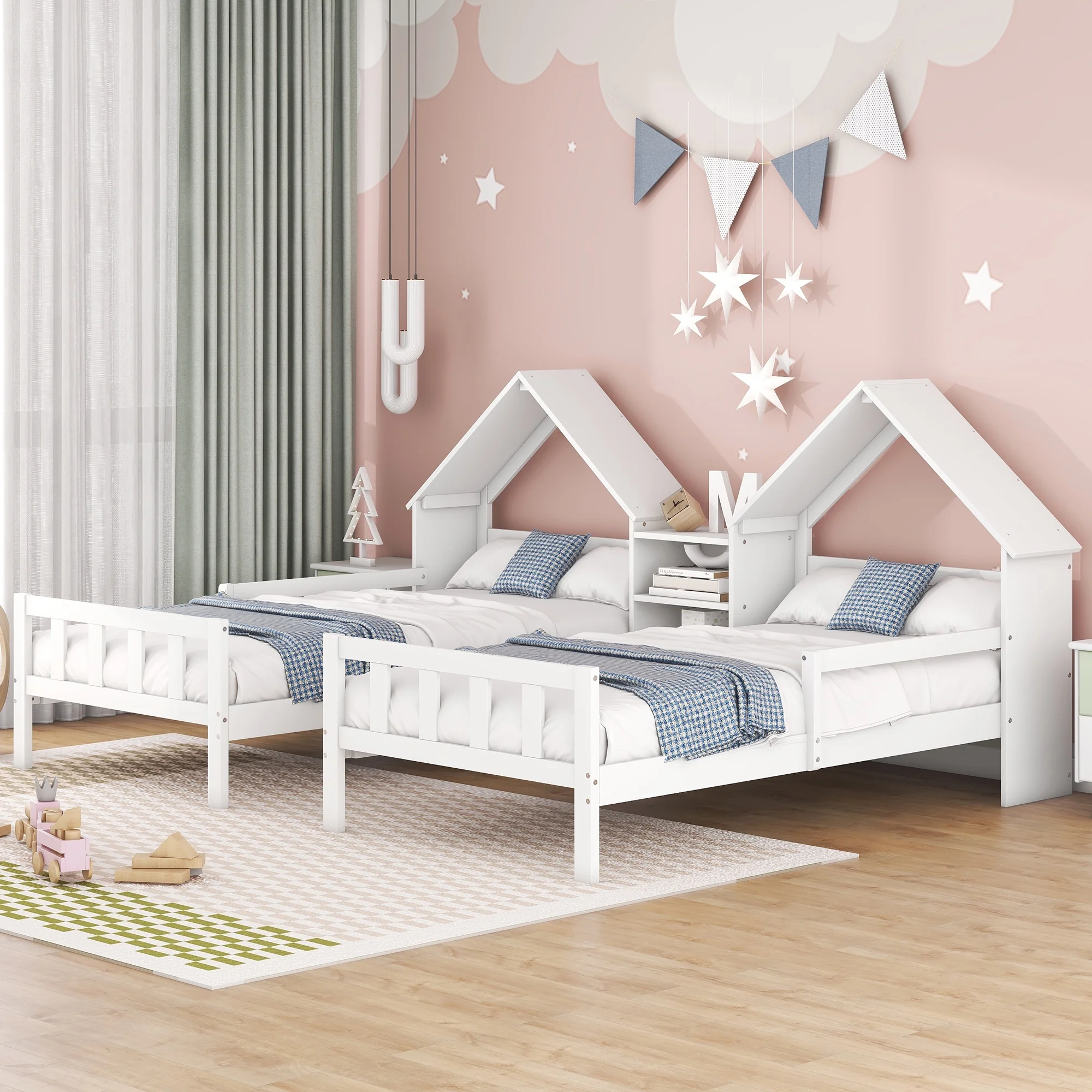 Euroco Twin Size Wood House Platform Bed, Two Beds in One with Desk and Shelf, 2 Platform Beds for More Kids Teens, Gray