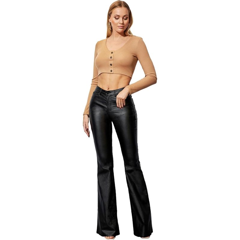 Women's Faux Leather Coated Flare Pants Mid