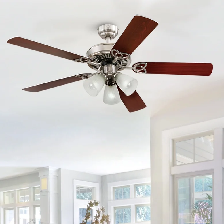Westinghouse Vintage 52 in. Brushed Nickel Finish Reversible Blades (Rosewood/Light Maple) Frosted Ribbed Glass