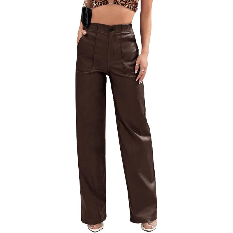 Leather Pants High Waist Coated PU Button Straight