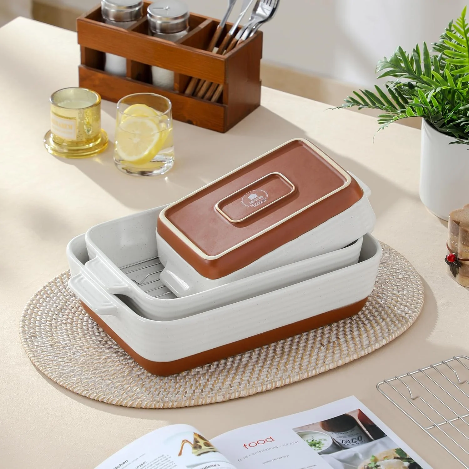 Casserole Dishes for Oven with Roasting Racks, Ceramic Baking Dishes Set of 3, Baking Pan Casserole Dish Set, Rectangular Lasagna Pan Deep with Handles for Baking, Khaki White (14.5''/13''/10.5''),