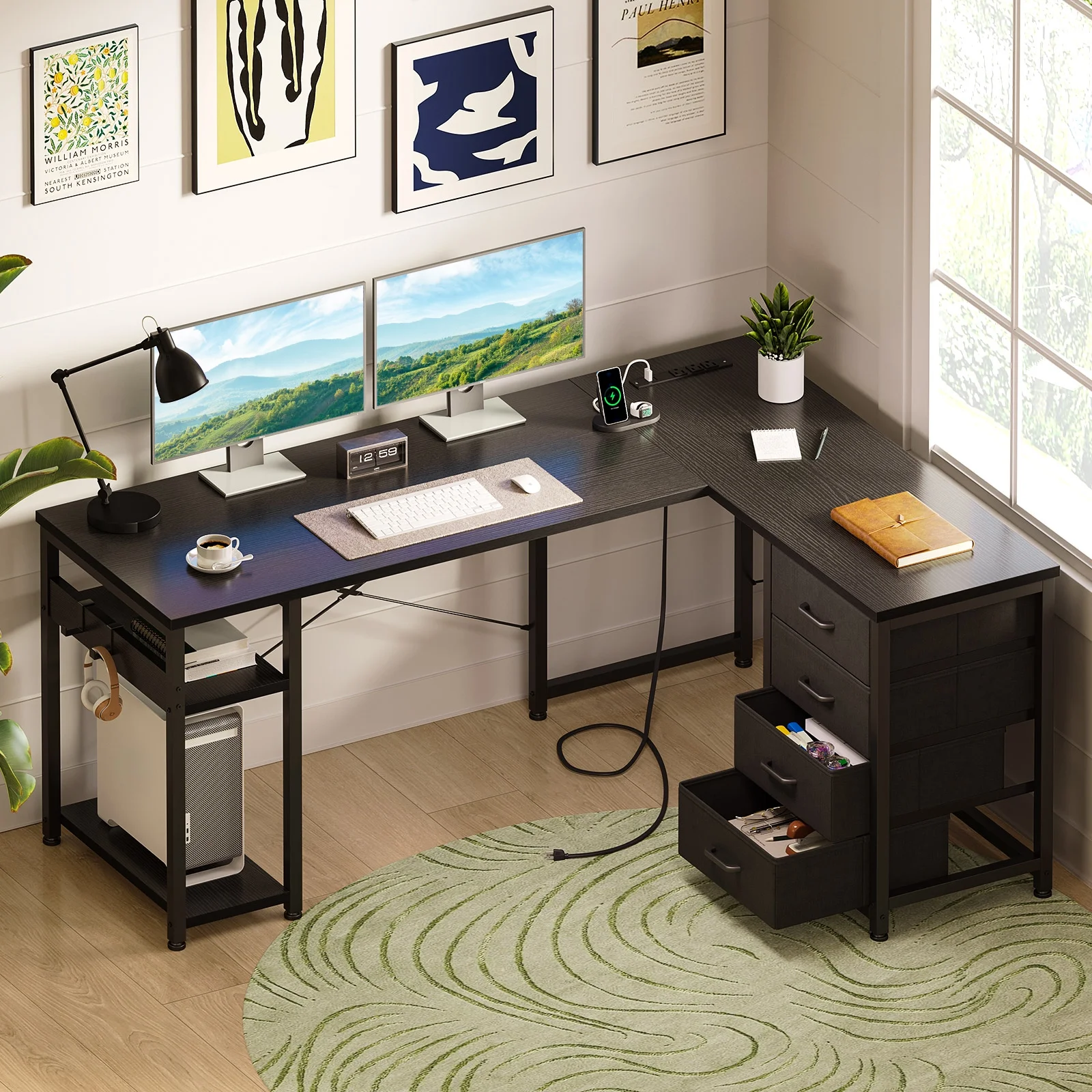 Reversible Modern Simple Style L Shaped Desk with Charging Station and Drawers, Pure Black