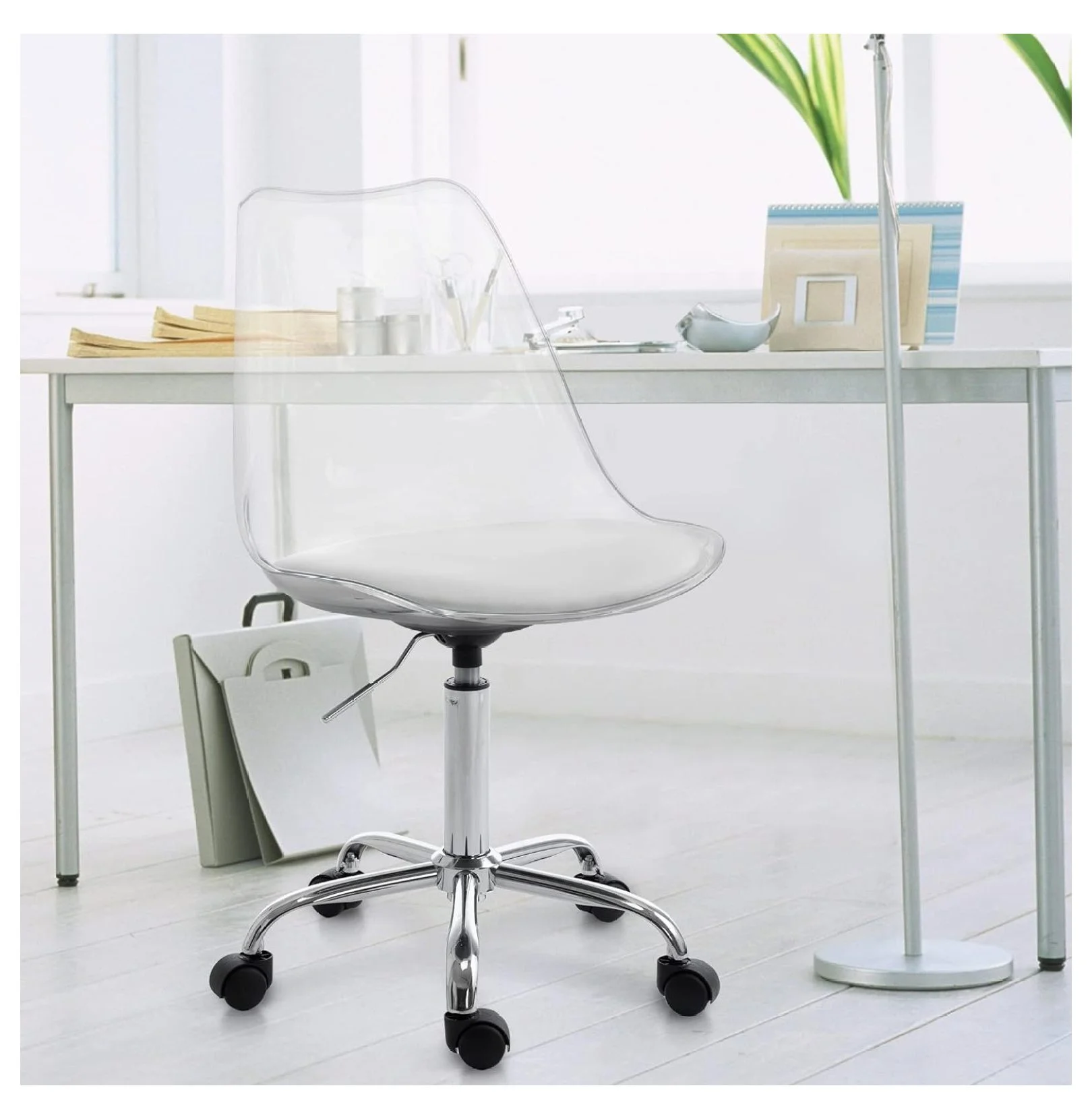 saney Clear Rolling Chair, Armless Desk Chair with Golden Feet Swivel Molded Plastic Shell Adjustable Home Office Chair with Wheels, Clear