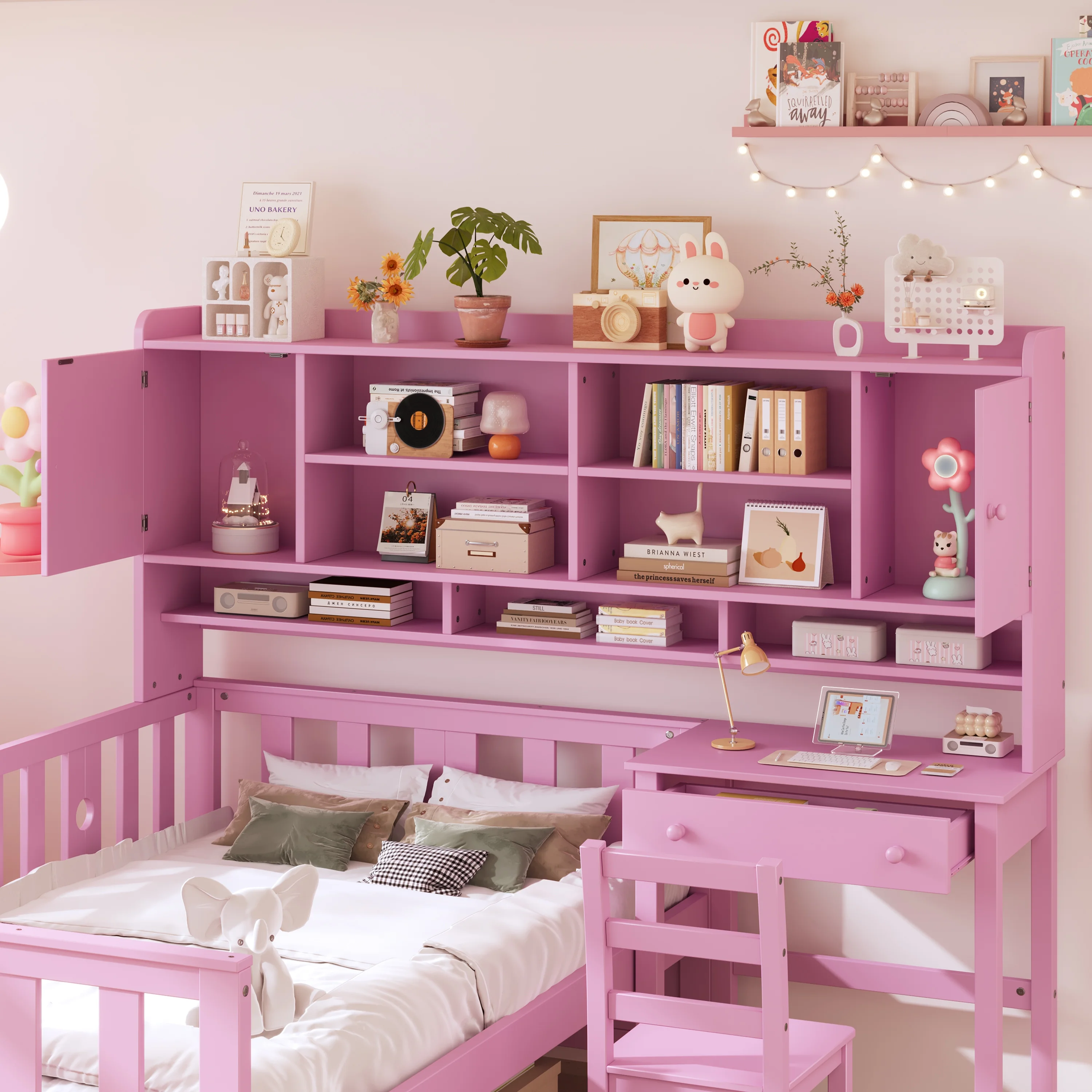 Euroco Wood Twin Size Platform Bed with Desk and Shelves, Table and Chair Set for Kids, Natural