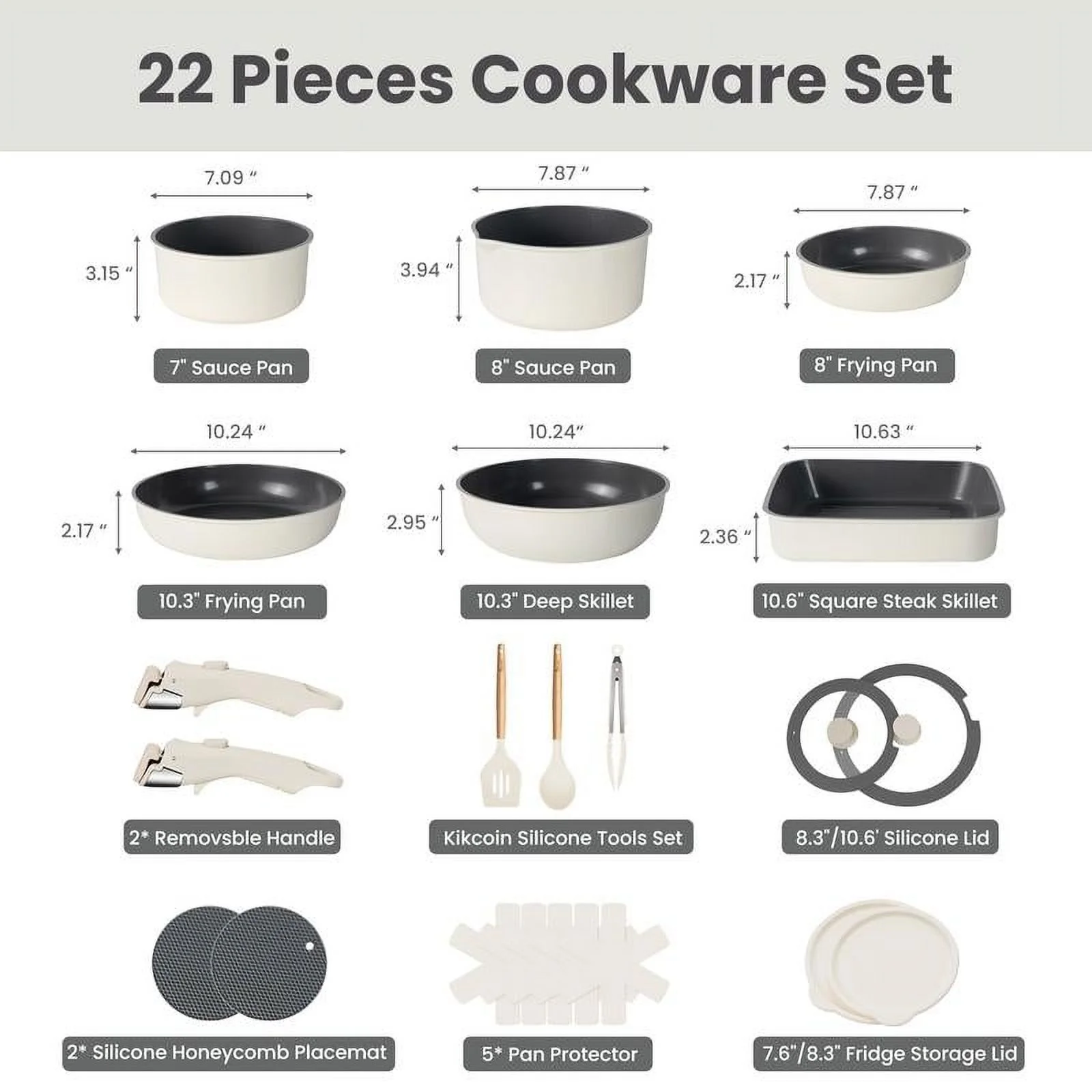 Non-Toxic Nonstick Ceramic 22 pcs pots and pans set complete Cookware Set with Lids,Detachable Handle,PFAS-Free,Dishwasher Oven Safe,Kitchen Outdoorfun Induction Compatible