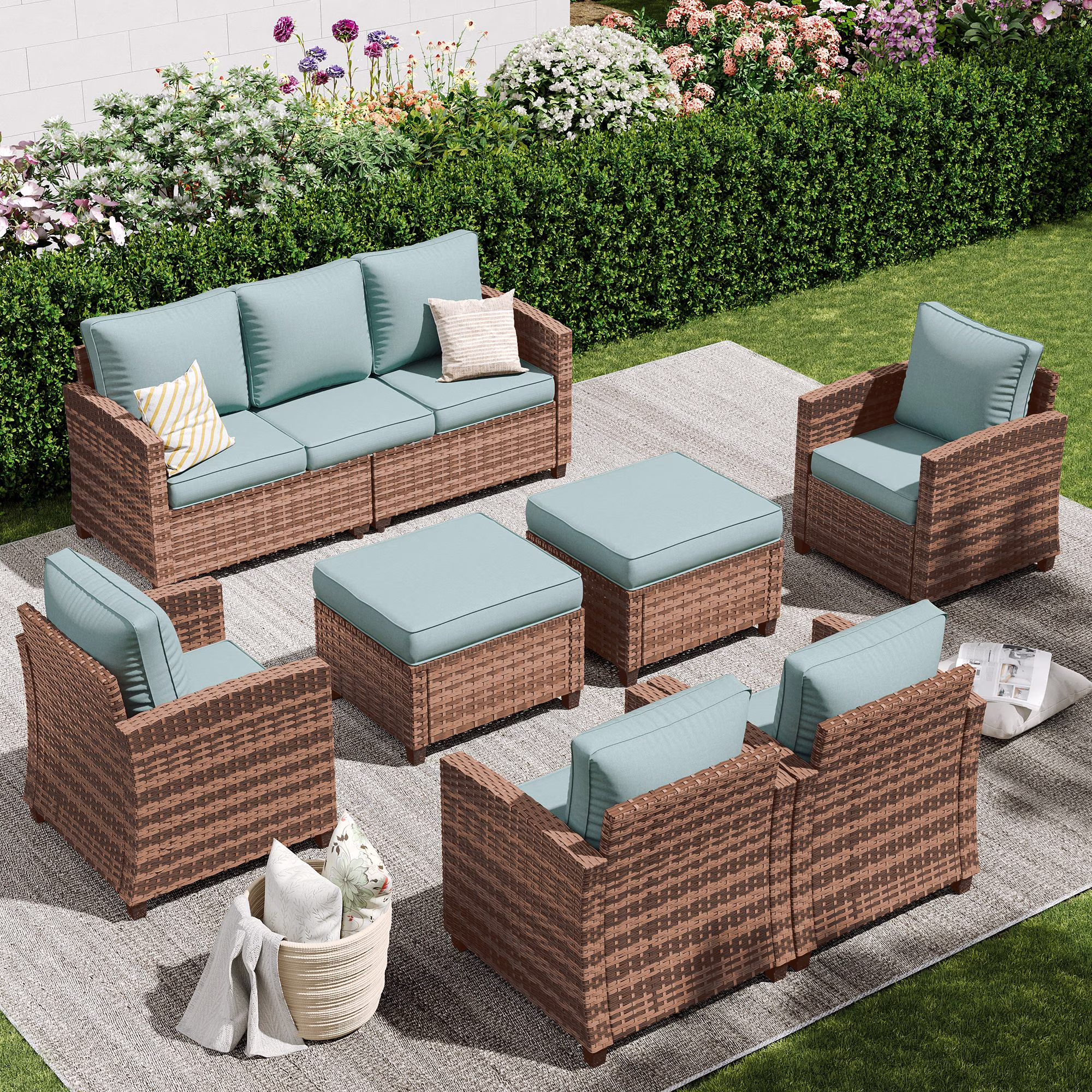 POTEBAN Patio Furniture Set, 7 Pieces Outdoor Sectional Sofa Couch with Chairs, Ottomans and Comfy Cushions, All Weather Wicker Rattan Patio Conversation Set for Garden Backyard Dark Grey