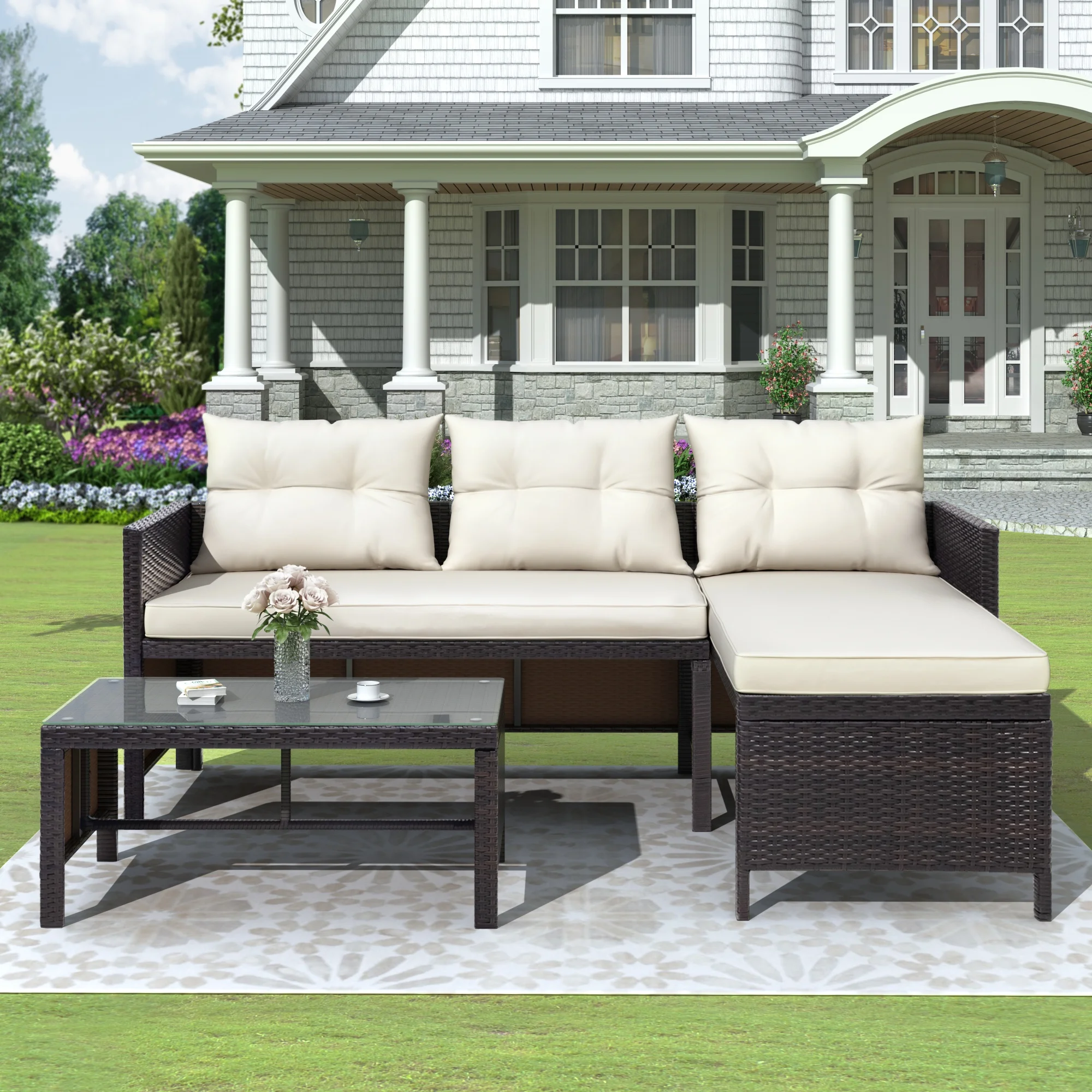 3 Pieces Patio Furniture Sectional Set, Outdoor Furniture Set with Two-Seater Sofa, Lounge Sofa, Table & Cushion, PE Rattan Wicker Bistro Set, Conversation Set for Garden, Backyard