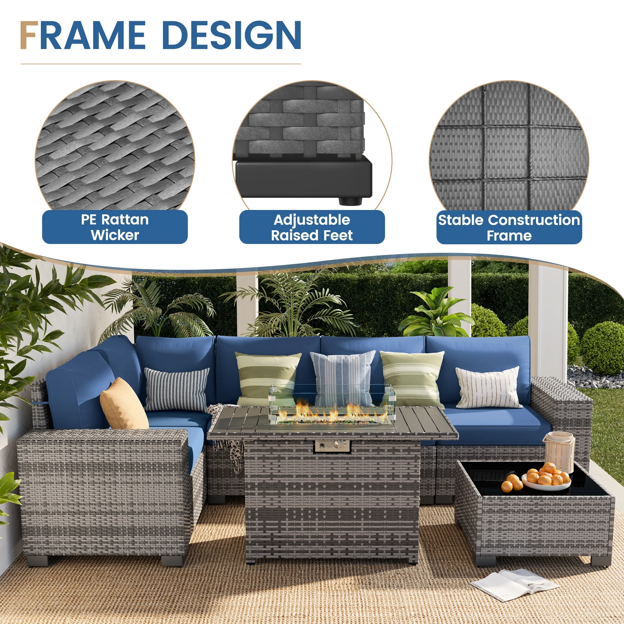Poteban Patio Furniture Set 6 PCS Outdoor Sectional Conversation Sets Featuring Widen Wicker Armrests and High Back, Black (Waterproof Covers Included)