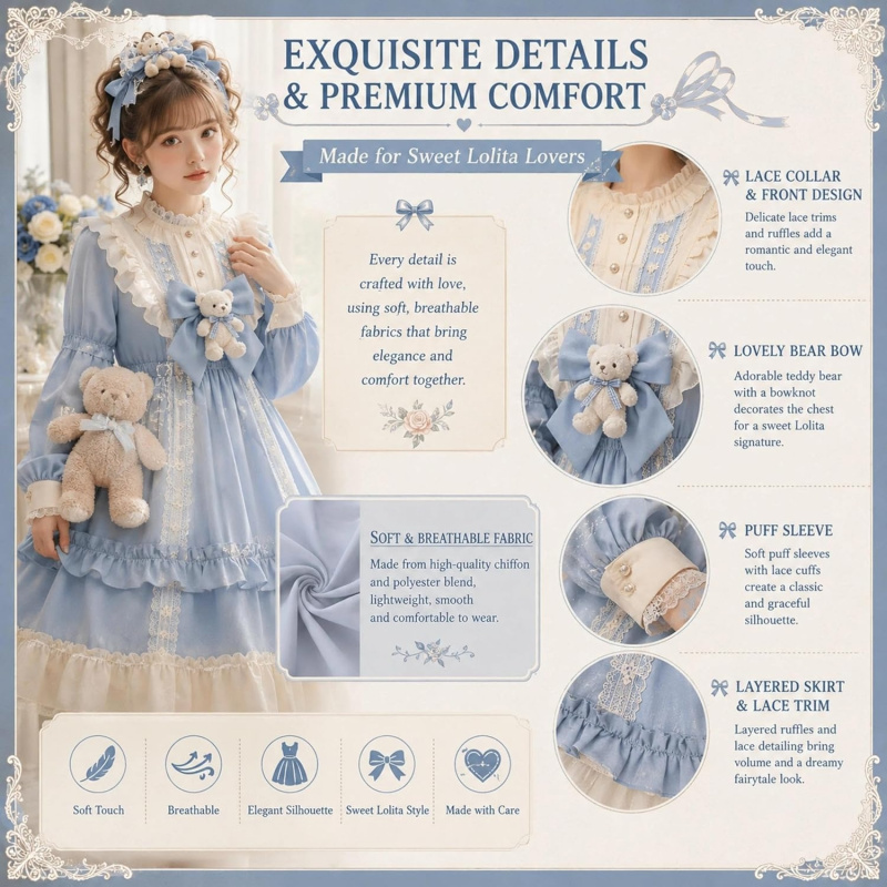 Teens Lolita Princess Dress Kawaii Long Sleeve Chiffon Skirt Petite Dress