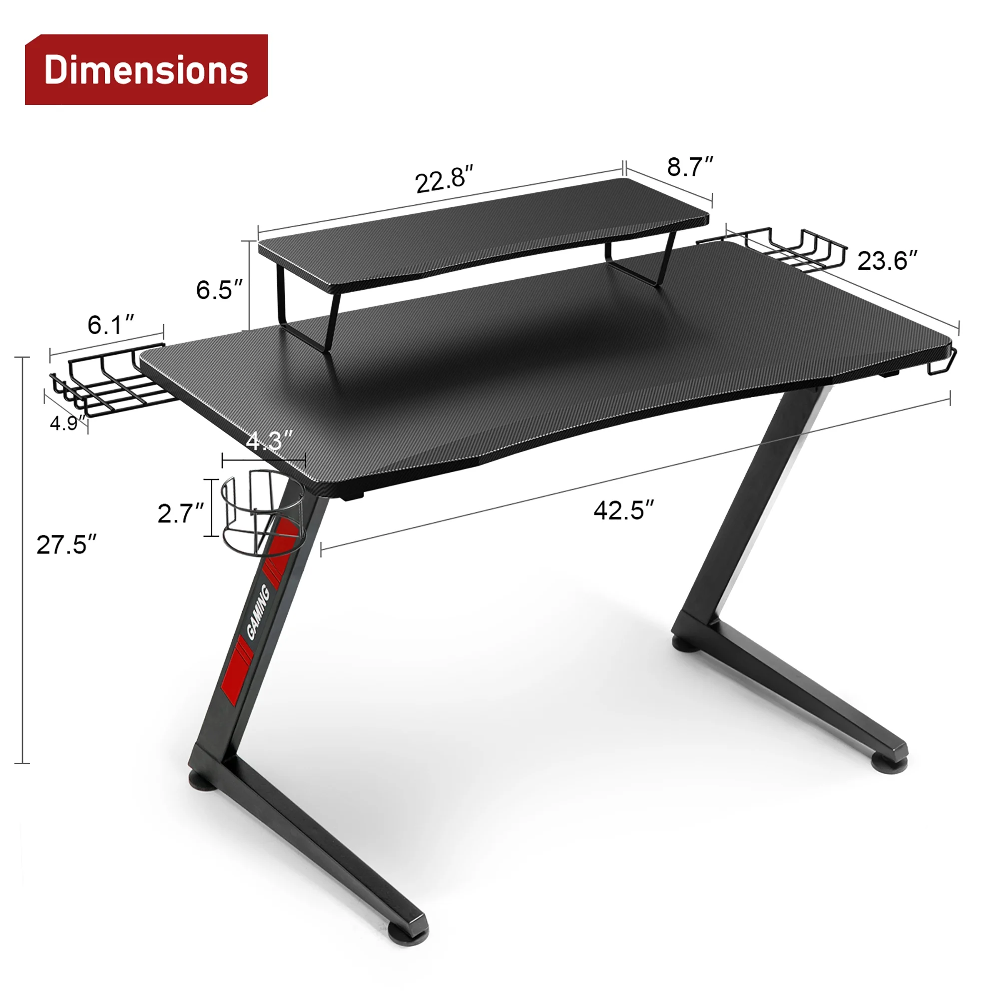 GTRACING Ergonomic Curved 3-Sided LED Z-Leg Gaming Desk, Black