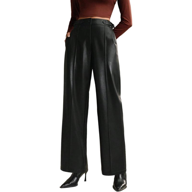 Women Faux Leather Pants High Waist Wide Leg
