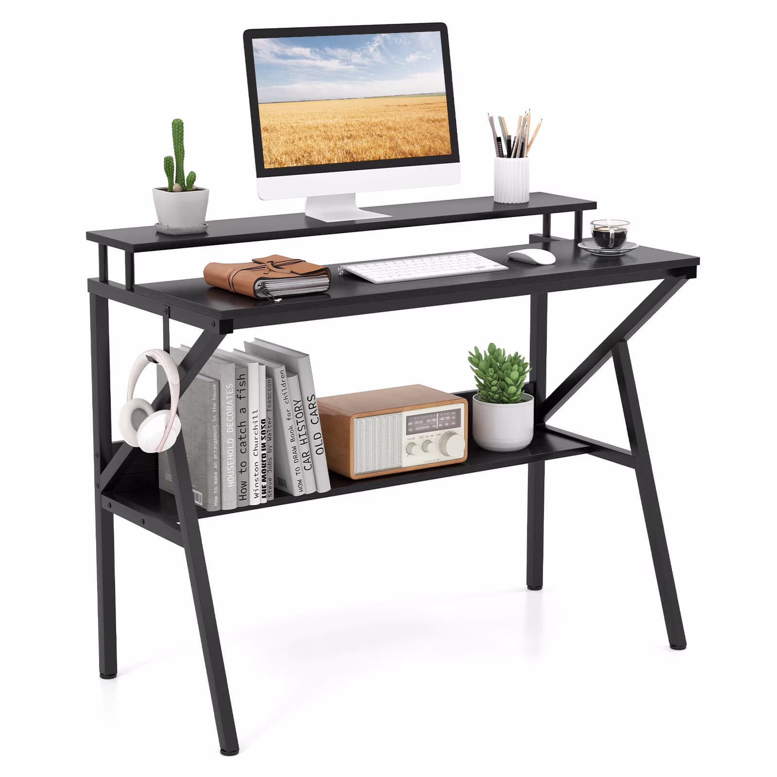 Costway Home Office Desk with Monitor Stand, Open Shelf & Metal Frame, Earphone Hook White