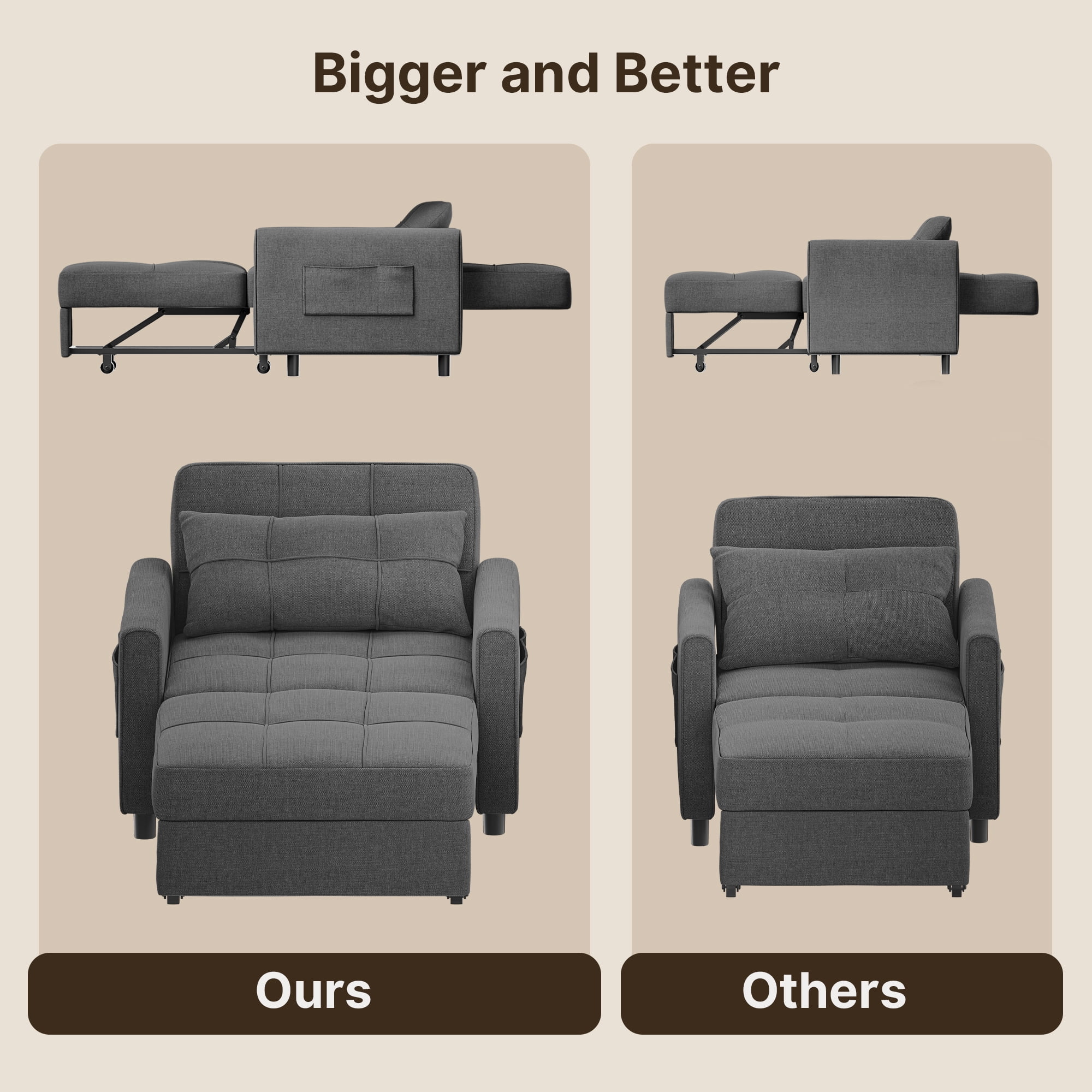 3 in 1 Convertible Sofa Bed Chair for Living Room , Aiho Sleeper Sofa Bed for Living Room, Dark Gray