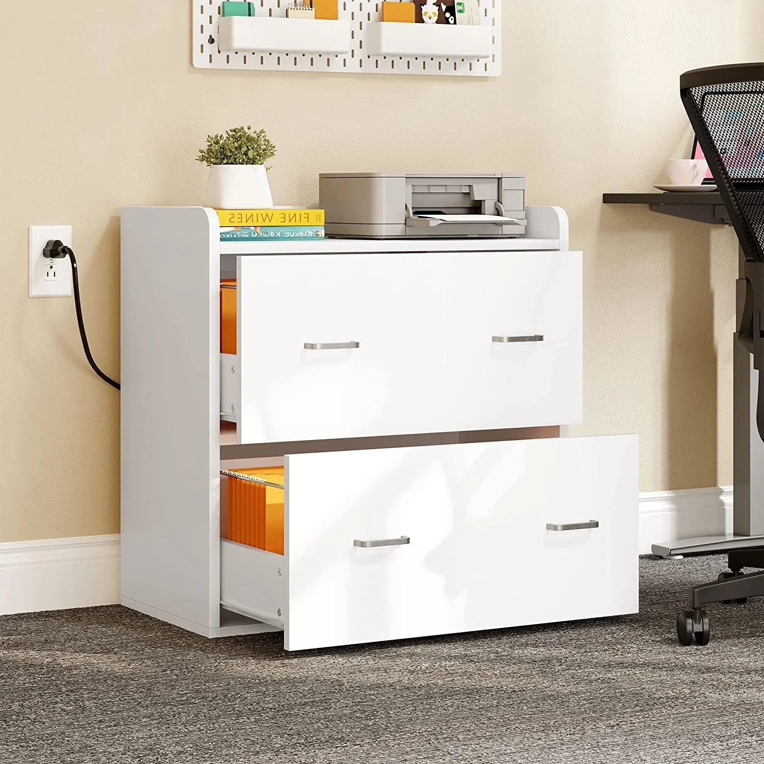 Dextrus Wood File Cabinet with Charging Station, Lateral Filing Cabinet Printer Stand Fits A4 Letter Legal Size Files, White