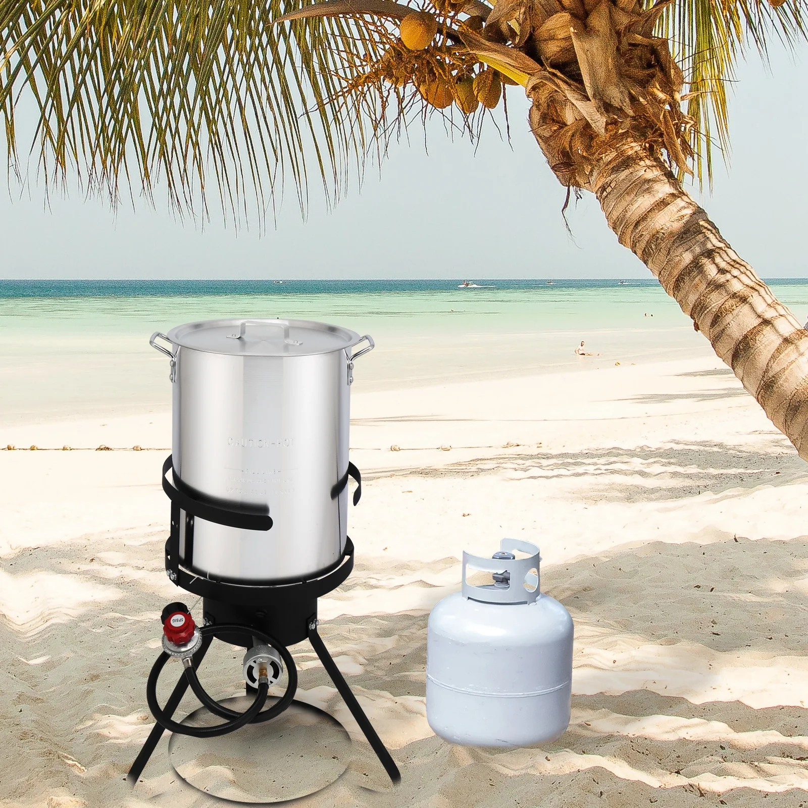 Black Round Iron Stove Frame, Silver Aluminum 30qt Turkey Pot 10qt Fish Pot, Gas Fryer - 13*32inch Four-Piece Set
