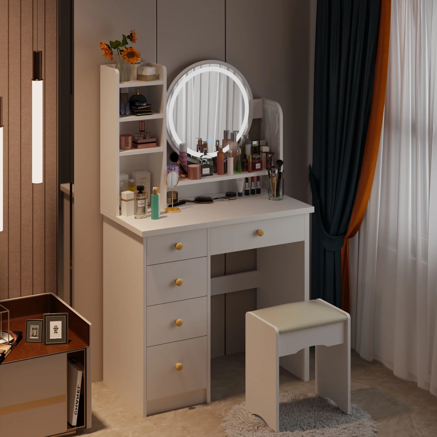 MONSLIPA Makeup Vanity Desk Set w/ Light, Sturdy Dressing Vanity Table with Bench, Shelves & Drawers