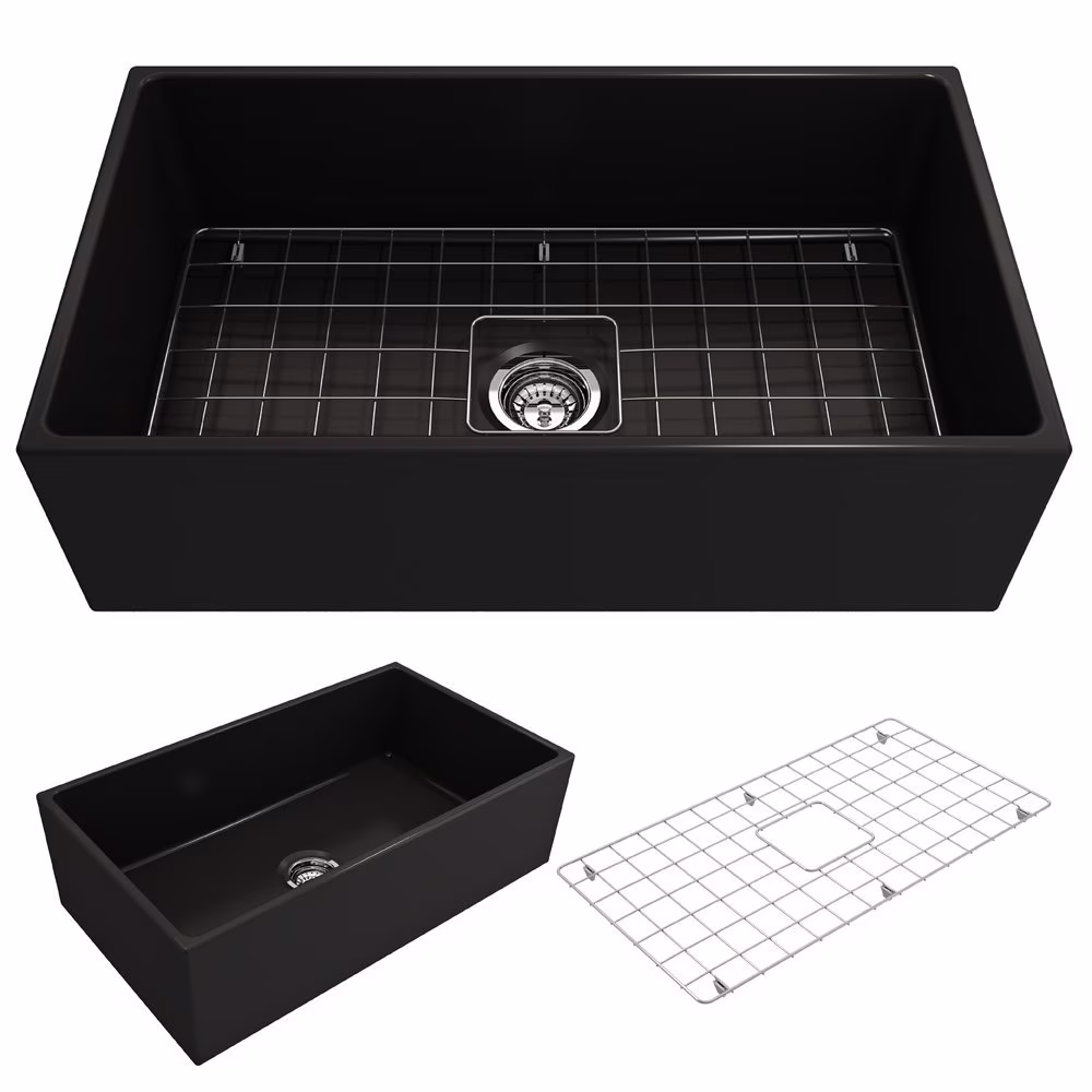 BOCCHI Contempo Apron Front Fireclay 33 in. Single Bowl Kitchen Sink with Protective Bottom Grid and Strainer in White