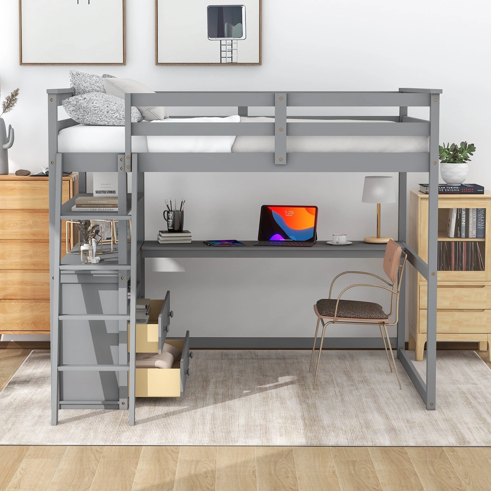 Euroco Full Size Wood Loft Bed with Desk, Shelves and Cabinets for Kids Room, Incline Ladder and 3 Drawers, Gray