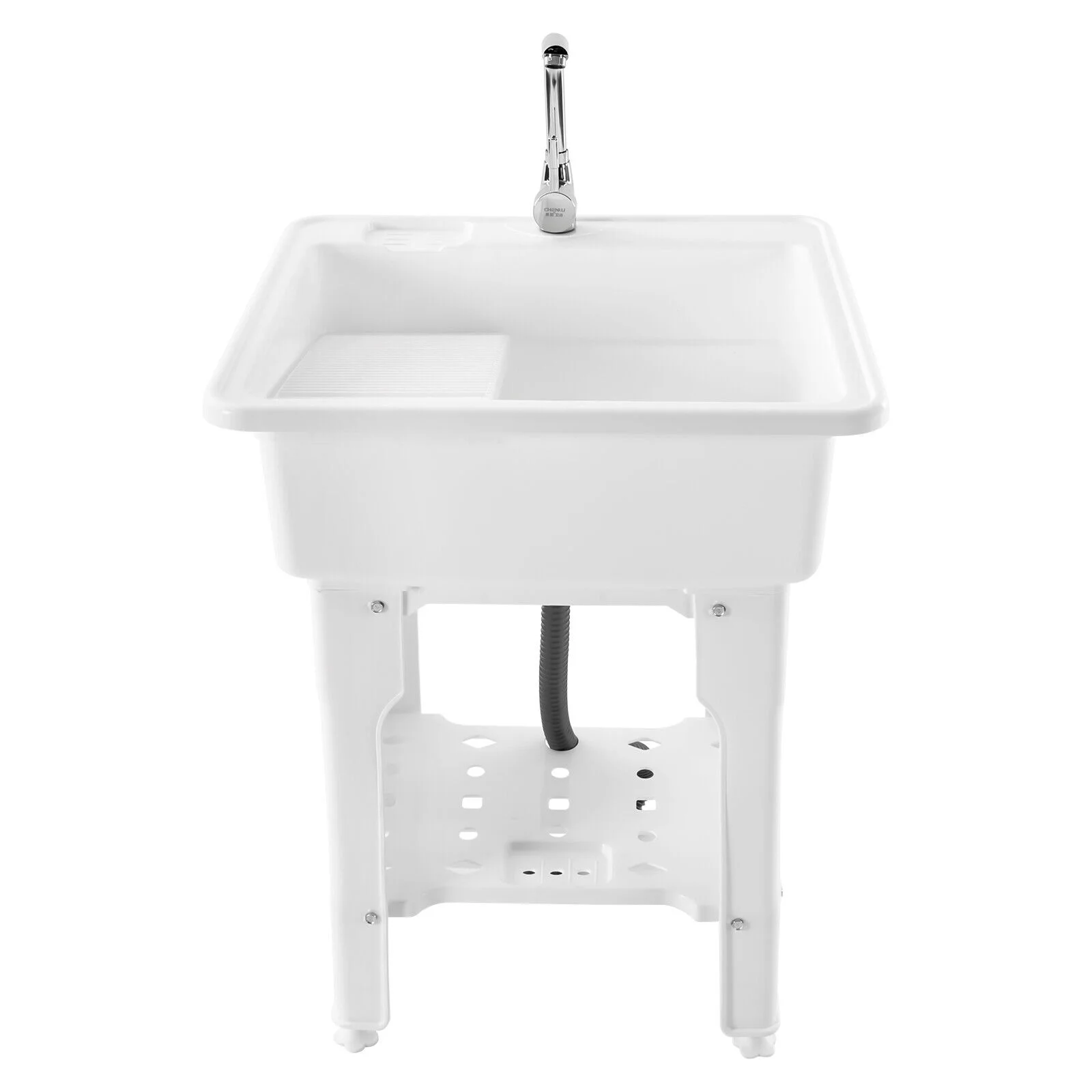 Freestanding Laundry Sink Plastic Basin Tub Utility Wash Bowl with Hot&Cold Faucet/Washboard for Sundry Rooms