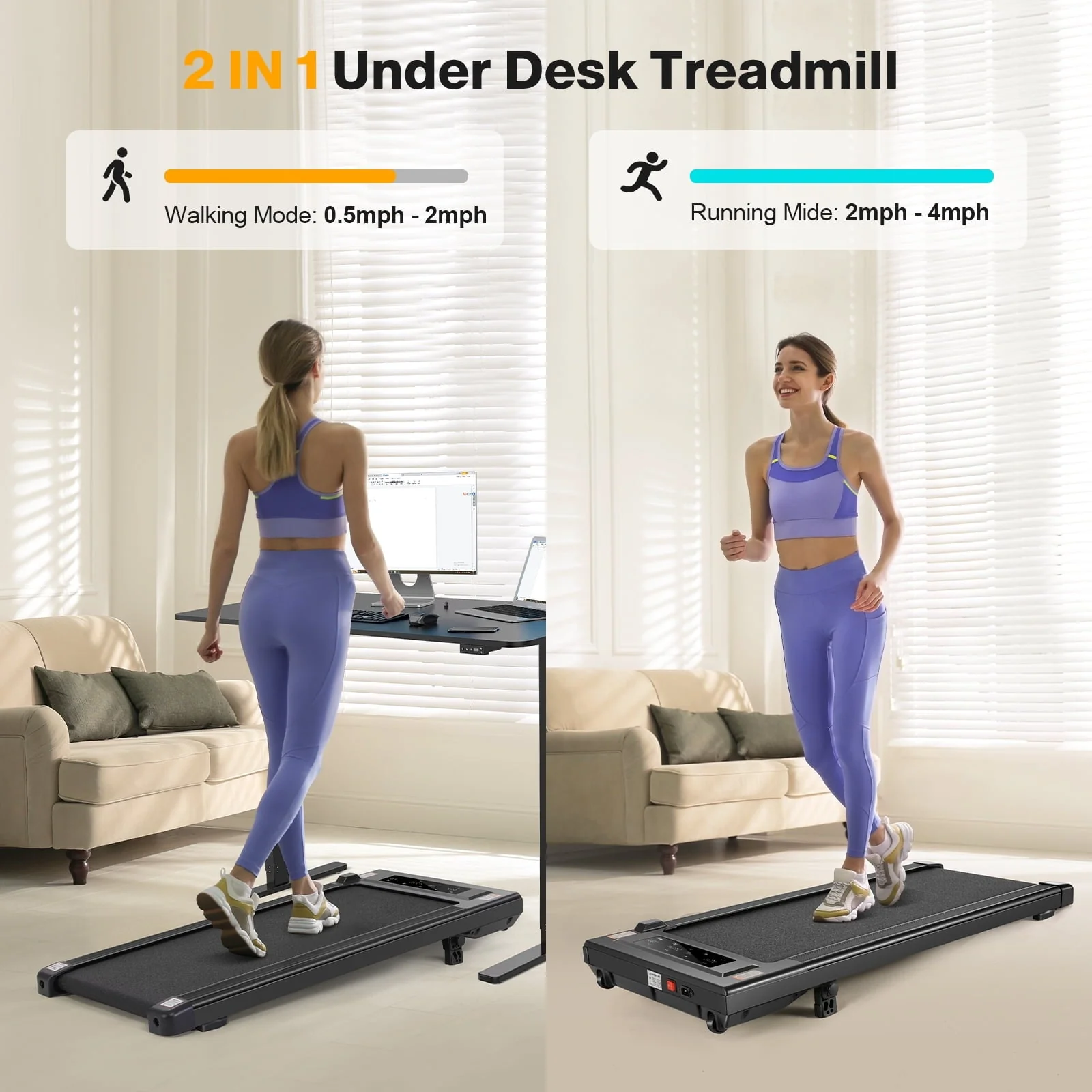 Tikmboex 2.5HP Walking Pad Under Desk Treadmill with LED Touch Screen Remote Control, 2 in 1 Treadmills for Home Office, Black