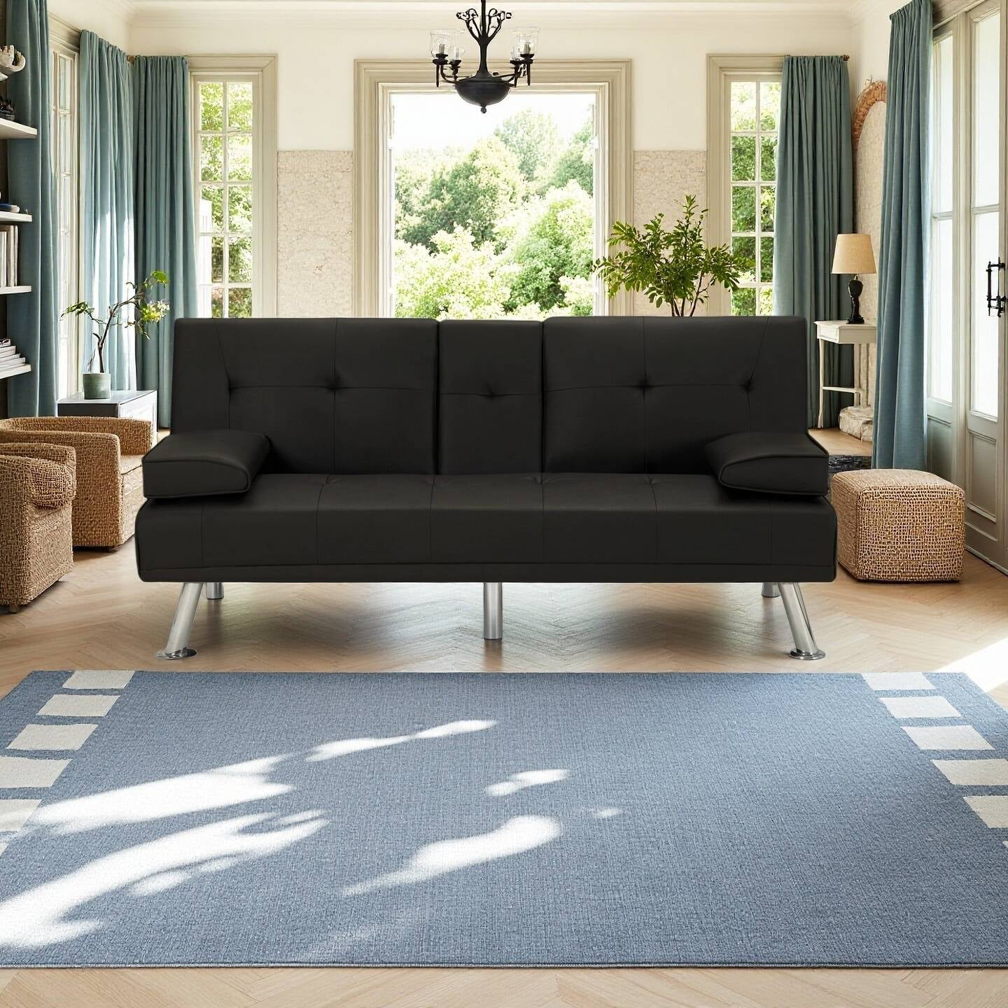 BEABA Futon Sofa Bed Modern PU Faux Convertible Couches with Cup Holder and Pillows Folding Furniture Upholstery