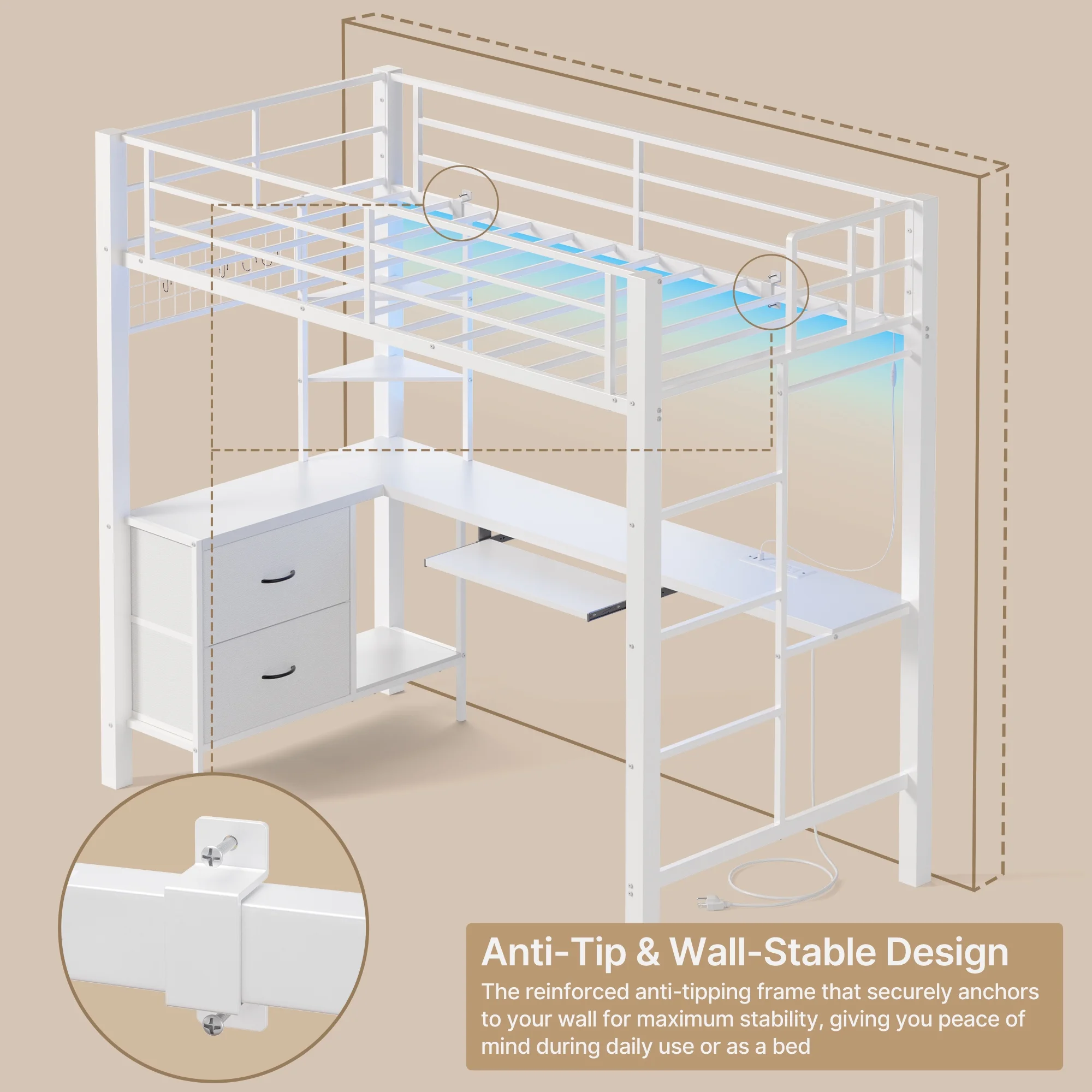 Loft Bed Frame with L-Shaped Writing Desk with Storage Drawers and Shelves, Lofka Twin Metal Bed with LED Lights and Charging Station, Retro Brown Board