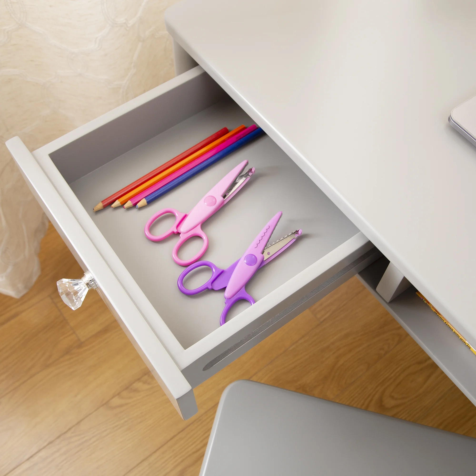 Guidecraft Dahlia Kids Desk and Chair Set - Gray: Wooden Study Table with Storage Drawer and Chair Set for Girls | Kids Bedroom Desk Set