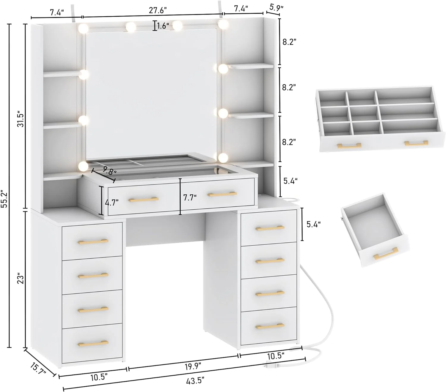 White Vanity Desk with Mirror & LED Lights, Glass Top Vanity Desk with Charging Station & Compartment Storage Drawers, 43