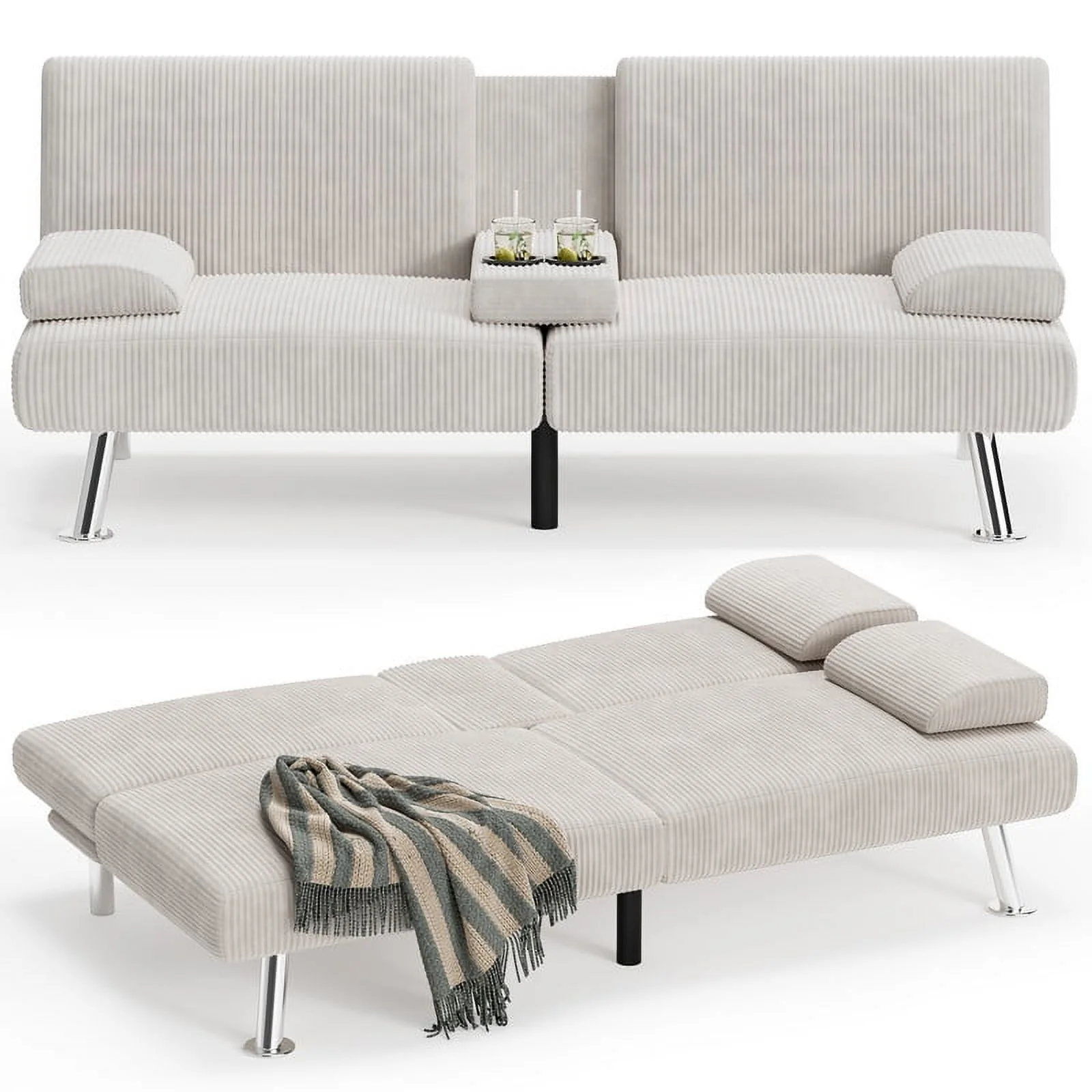 Vineego Convertible Corduroy Futon Sofa Bed with Removable Armrests,Beige