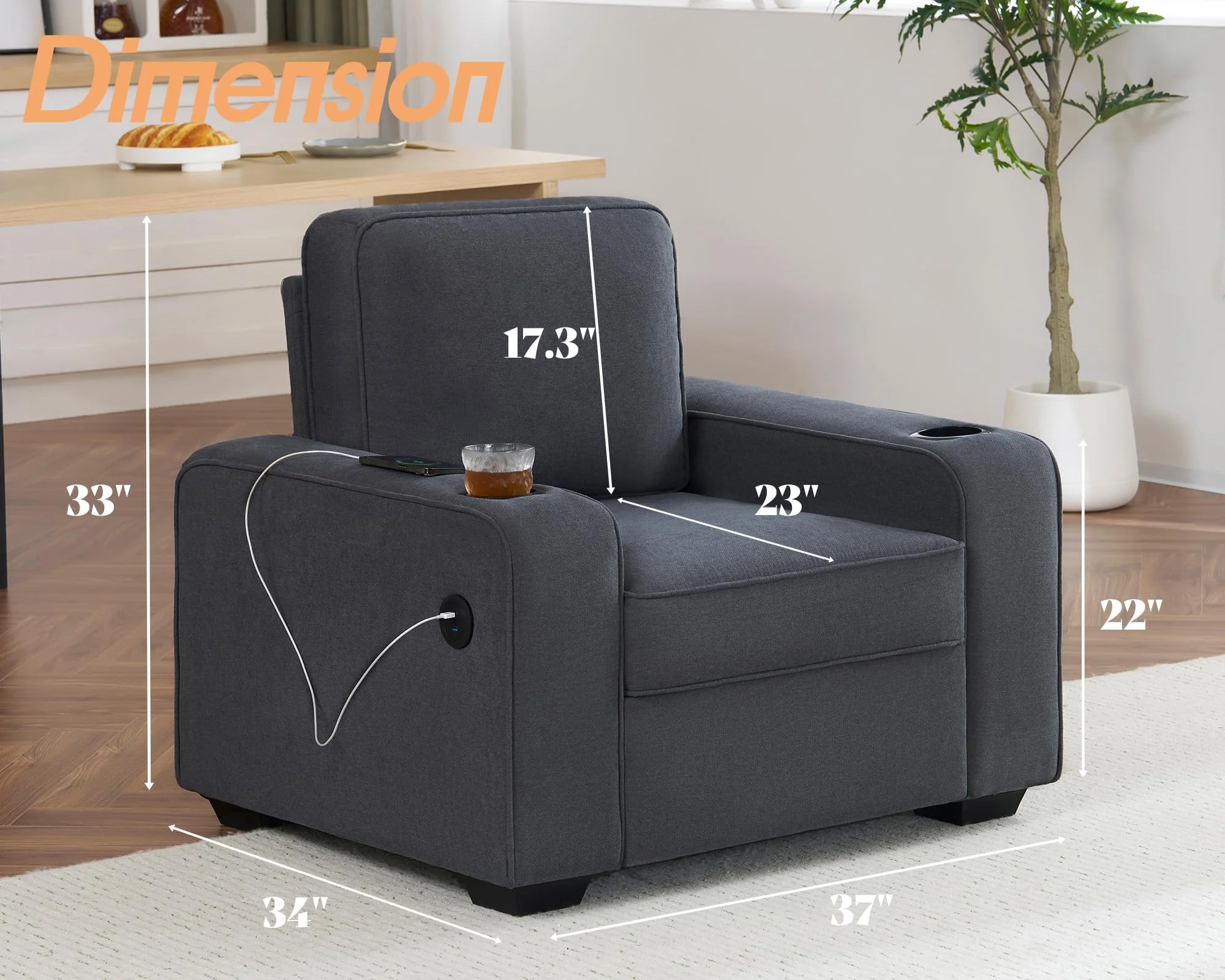 Merluxy Sofa, Comfy Couch- Deep Seat Sofa, Modern Couch with Cup Holders & USB Charging Ports, Sofa Chair for Living Room (Charcoal Grey Chenille)
