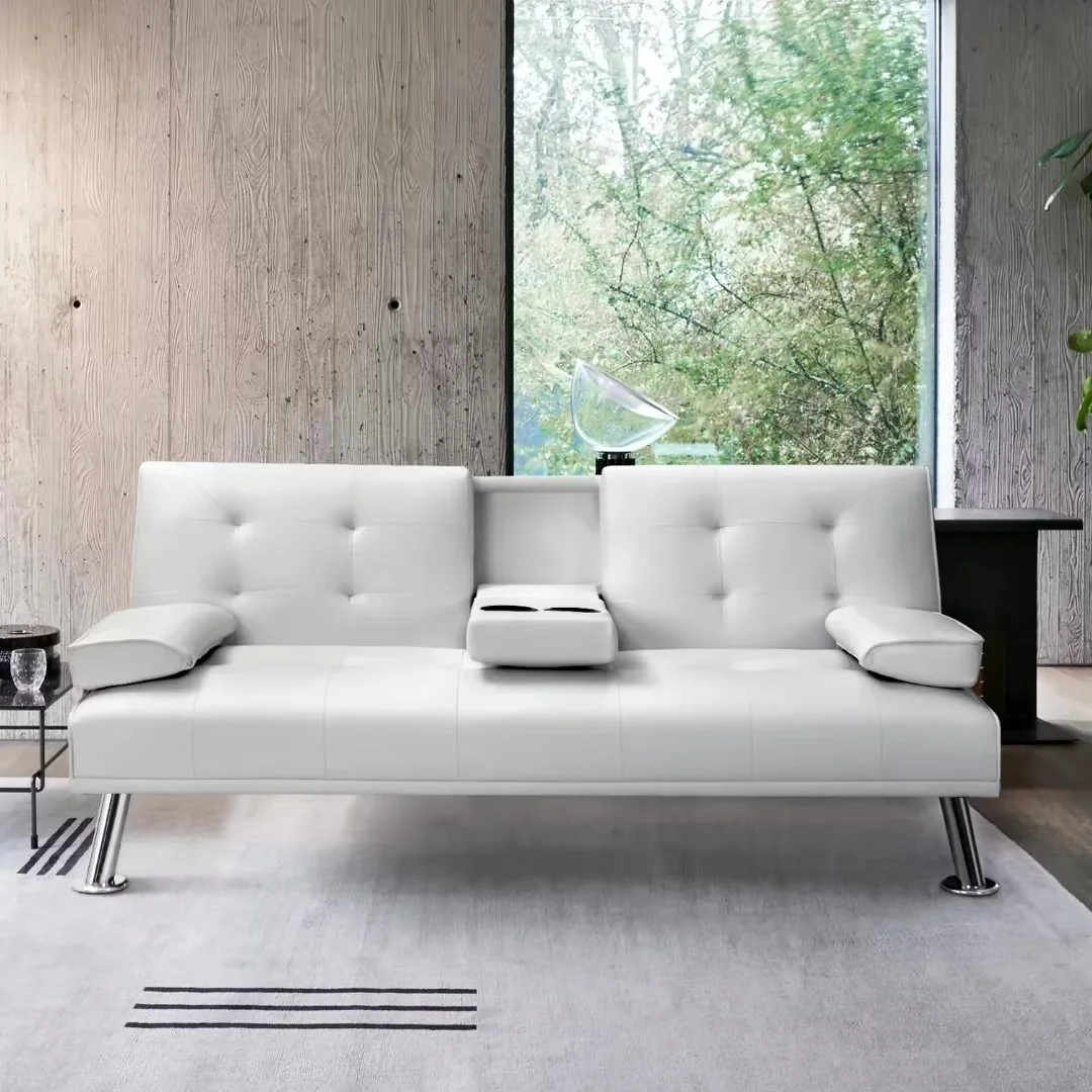 Vineego Modern Faux Leather Couch Convertible Folding Futon Sofa Bed with 2 Cup Holders,White