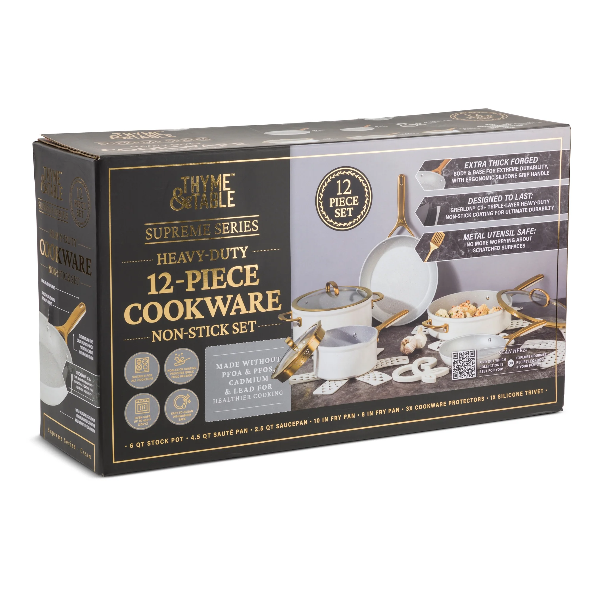 Thyme & Table 12-Piece Non-Stick Supreme Cookware Set, Pots and Pans Set - Cream